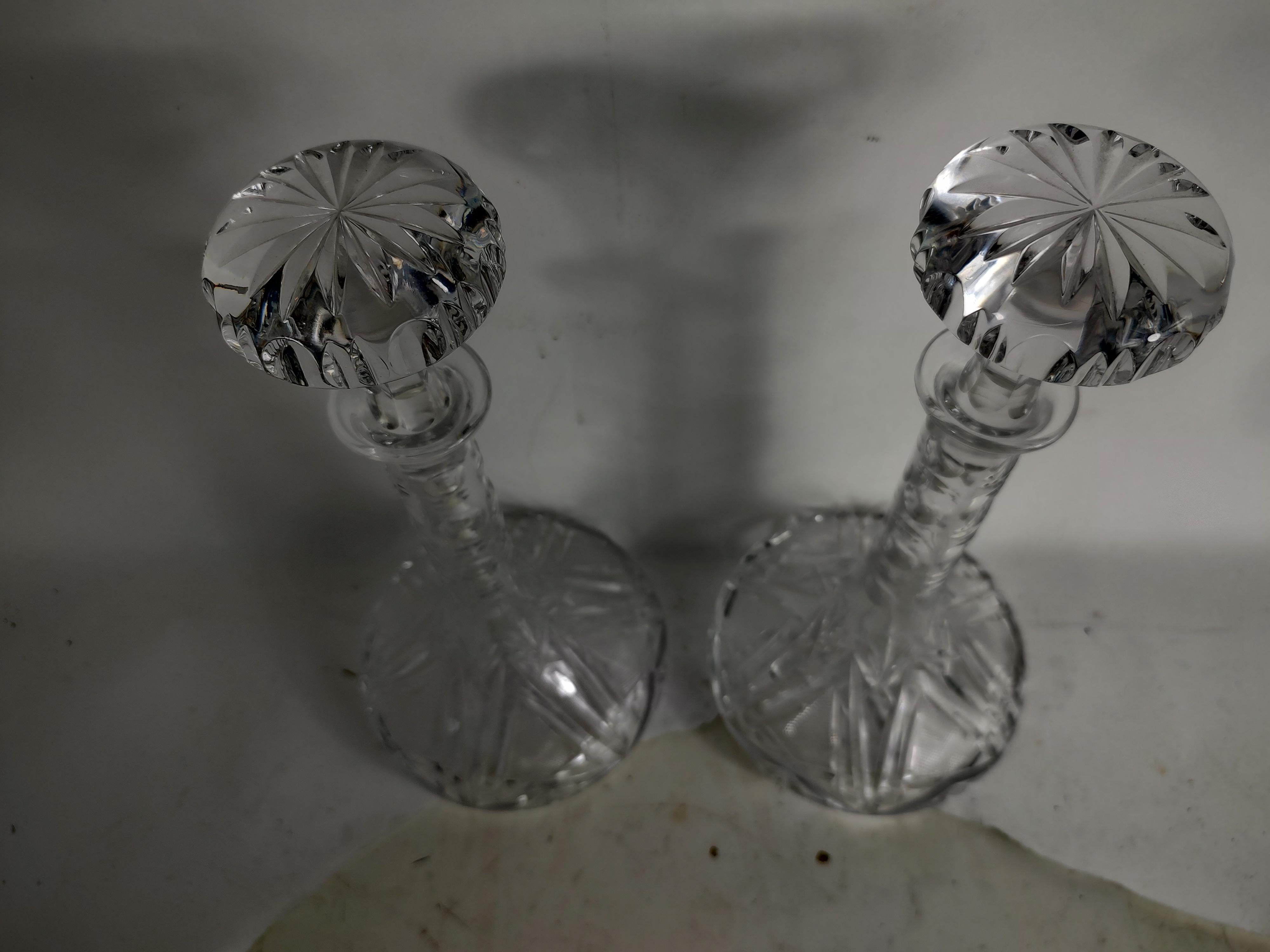 Mid-20th Century Pair of Brilliant Heavily Cut Glass Sculptural Decanters with Stoppers For Sale
