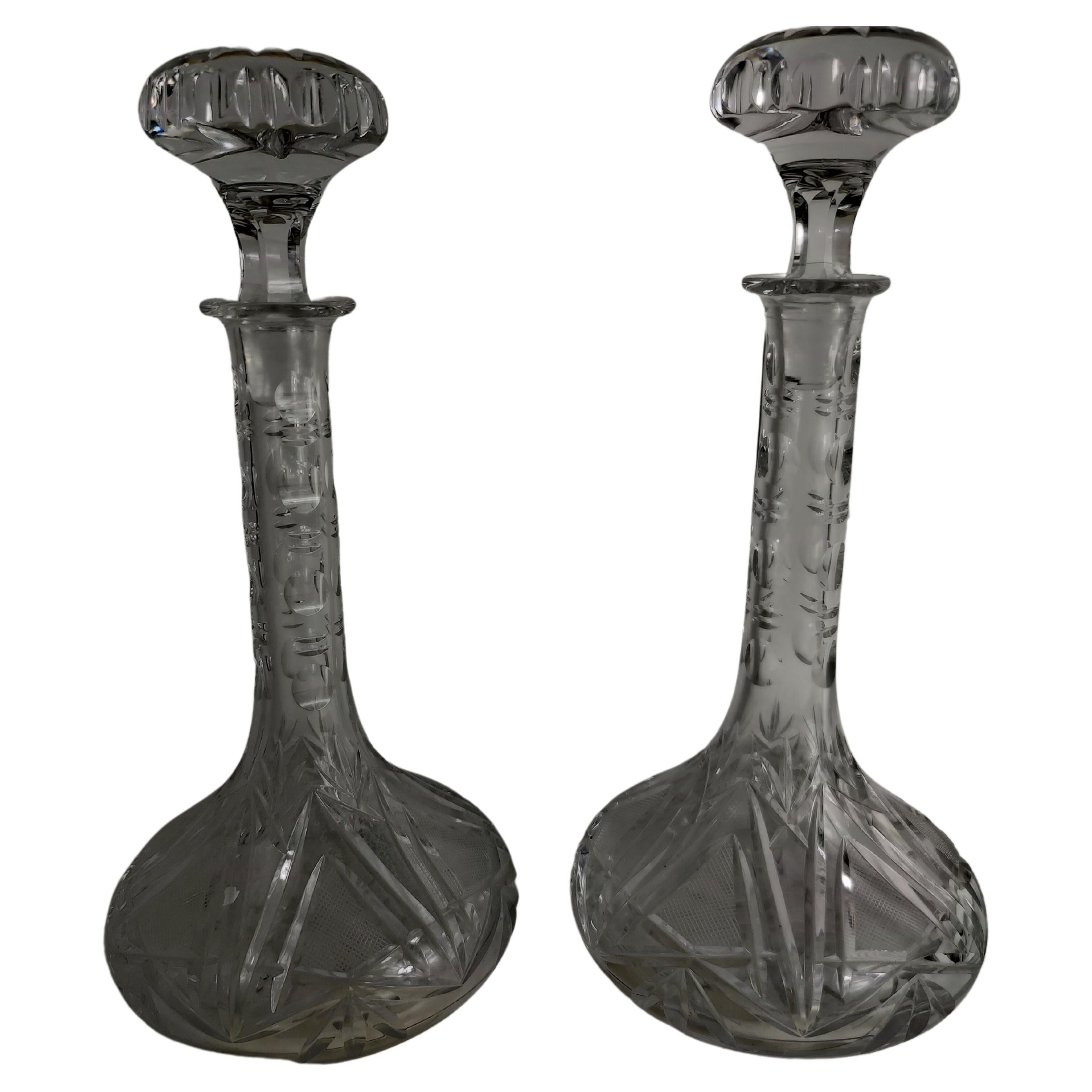 Pair of Brilliant Heavily Cut Glass Sculptural Decanters with Stoppers
