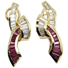 Pair of Brilliant Ribbon Diamond and Ruby Earrings Made of 14 Karat Yellow Gold