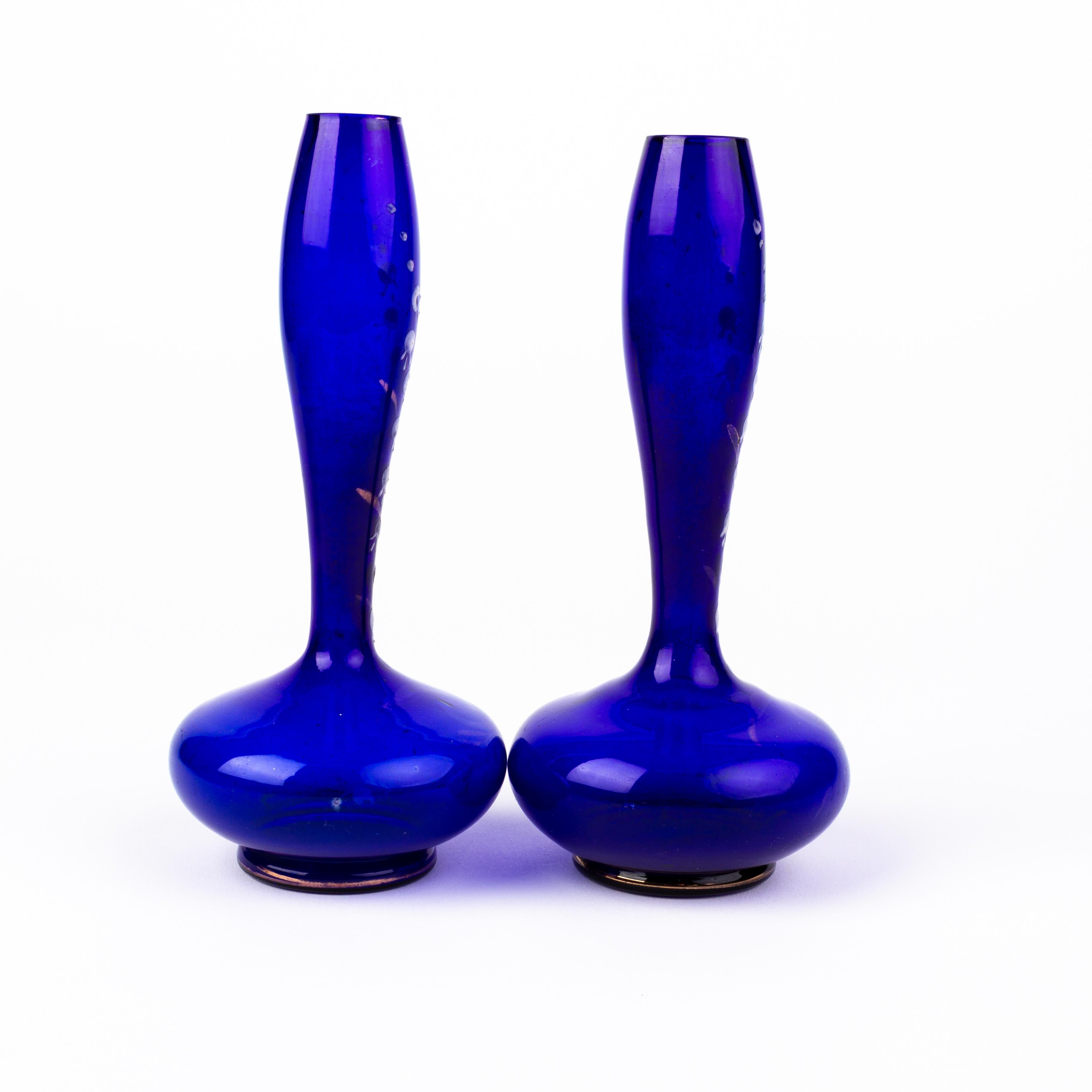 In good condition
From a private collection
Pair of Bristol Blue Enamel Painted Glass Art Nouveau Vases