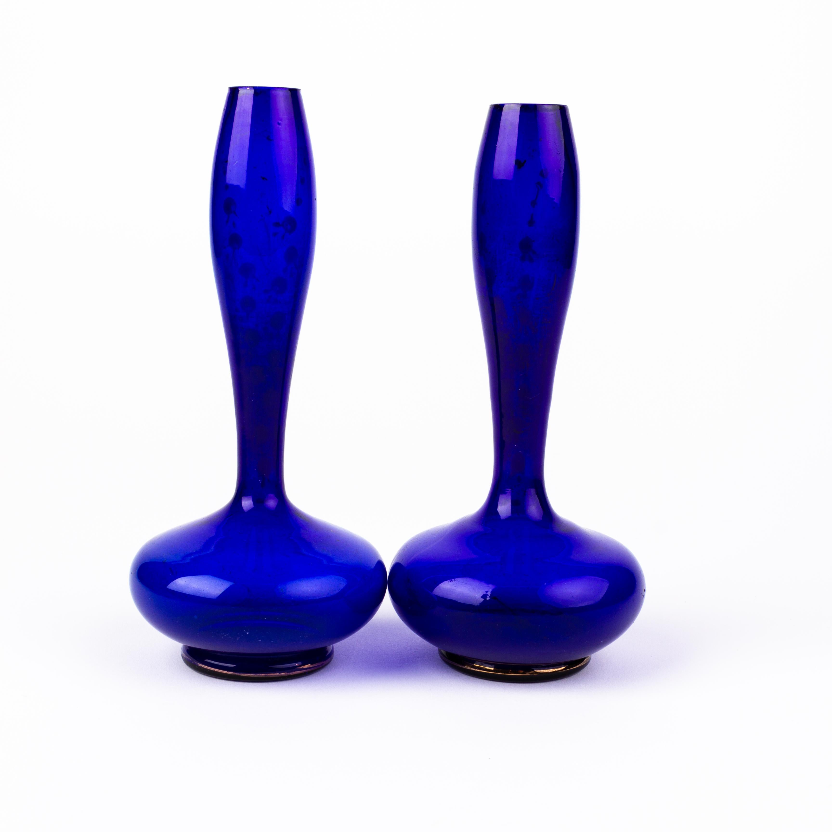 Pair of Bristol Blue Enamel Painted Glass Art Nouveau Vases In Good Condition In Nottingham, GB