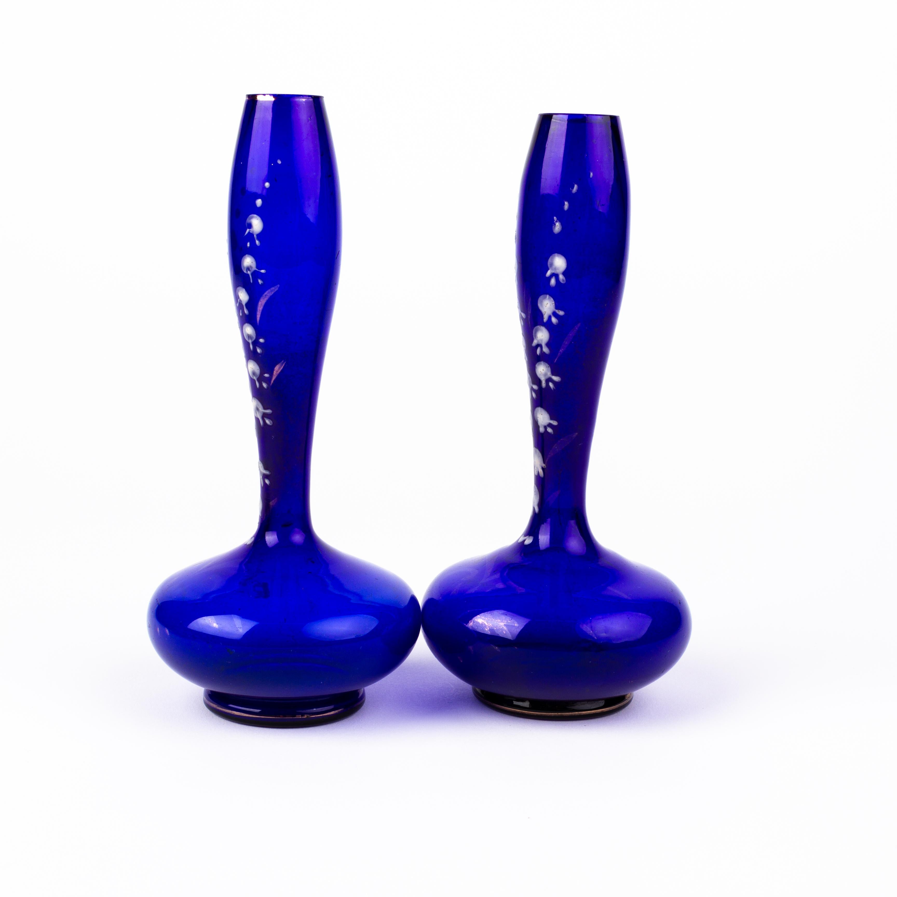 19th Century Pair of Bristol Blue Enamel Painted Glass Art Nouveau Vases