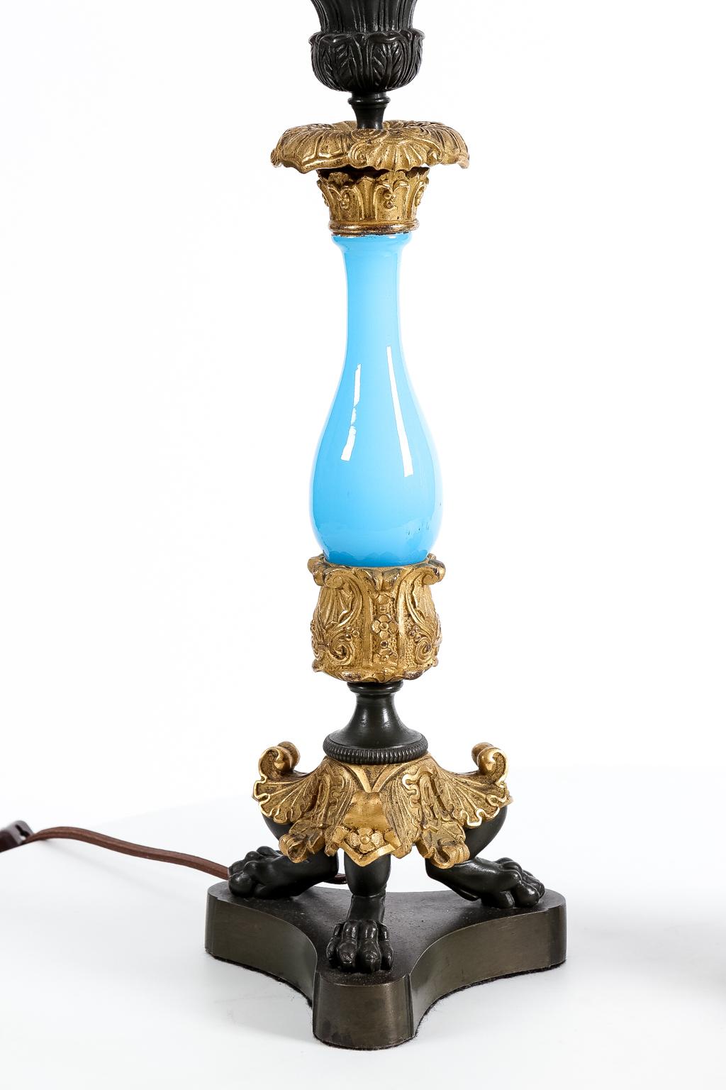 Pair of Bristol Blue Regency Candlestick Lamp In Good Condition In Stamford, CT