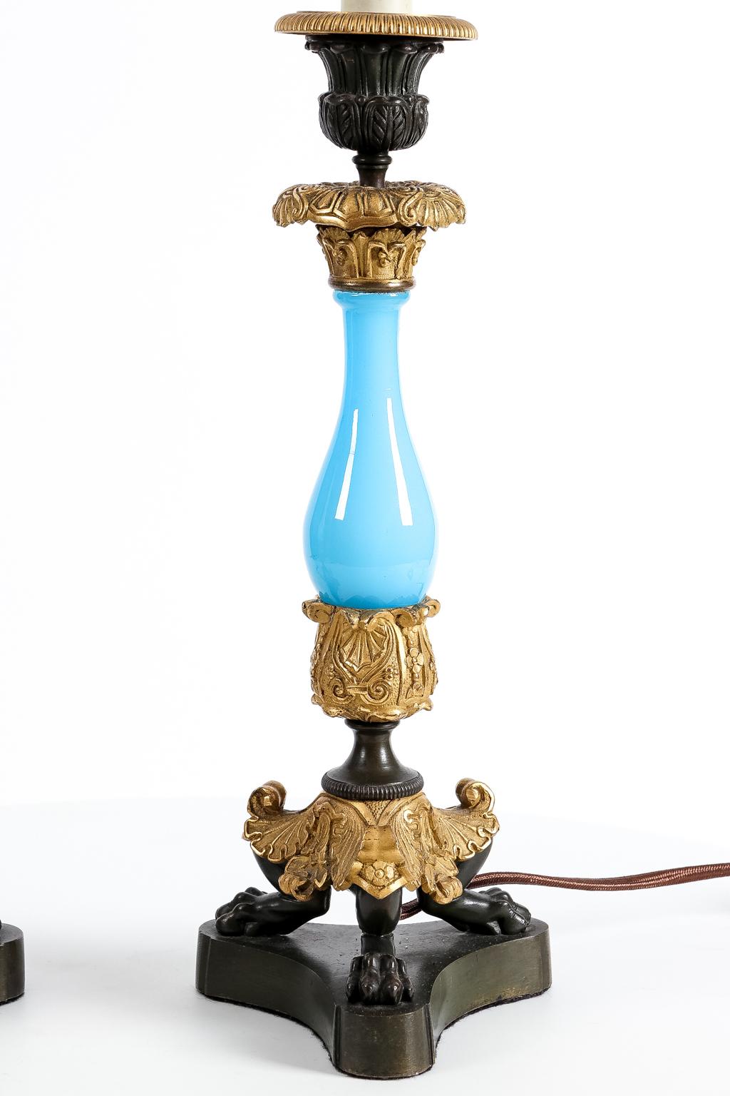 20th Century Pair of Bristol Blue Regency Candlestick Lamp