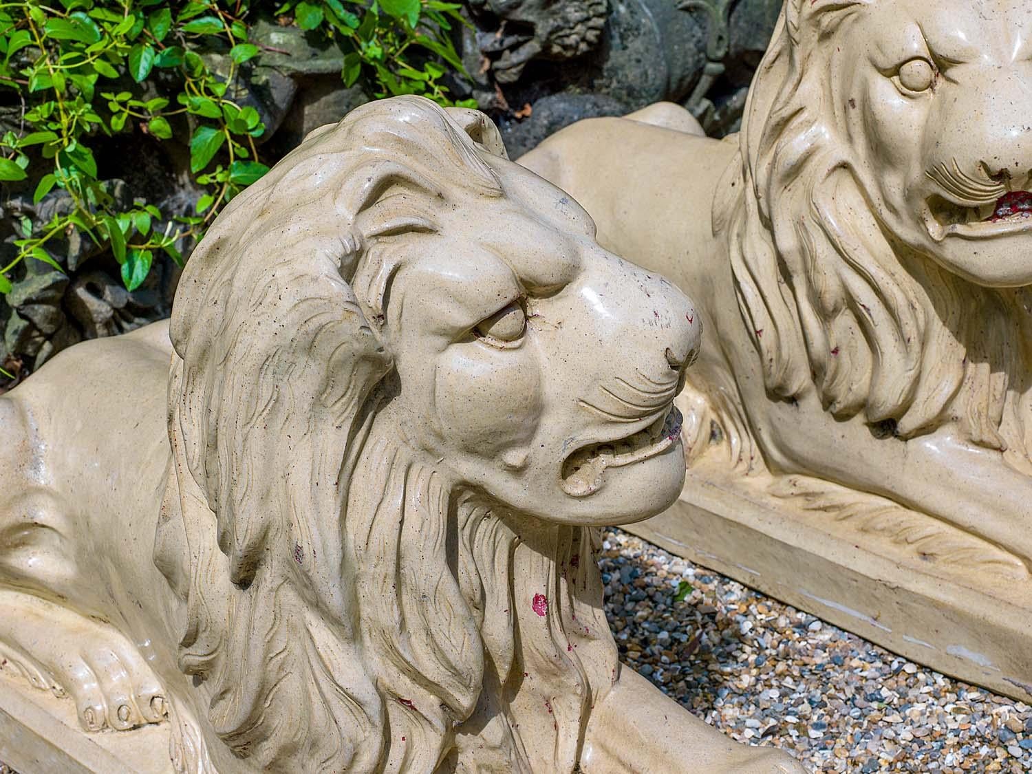 English Pair of Bristol Glazed Garden Lions For Sale