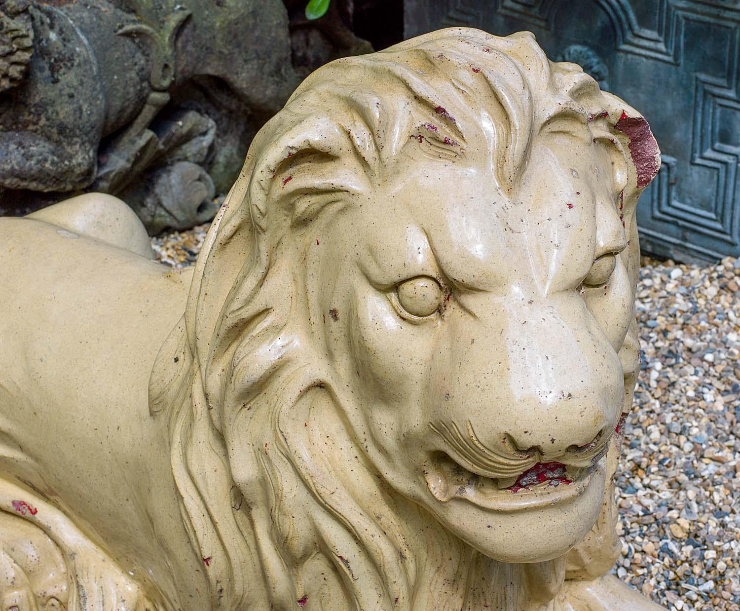 19th Century Pair of Bristol Glazed Garden Lions For Sale