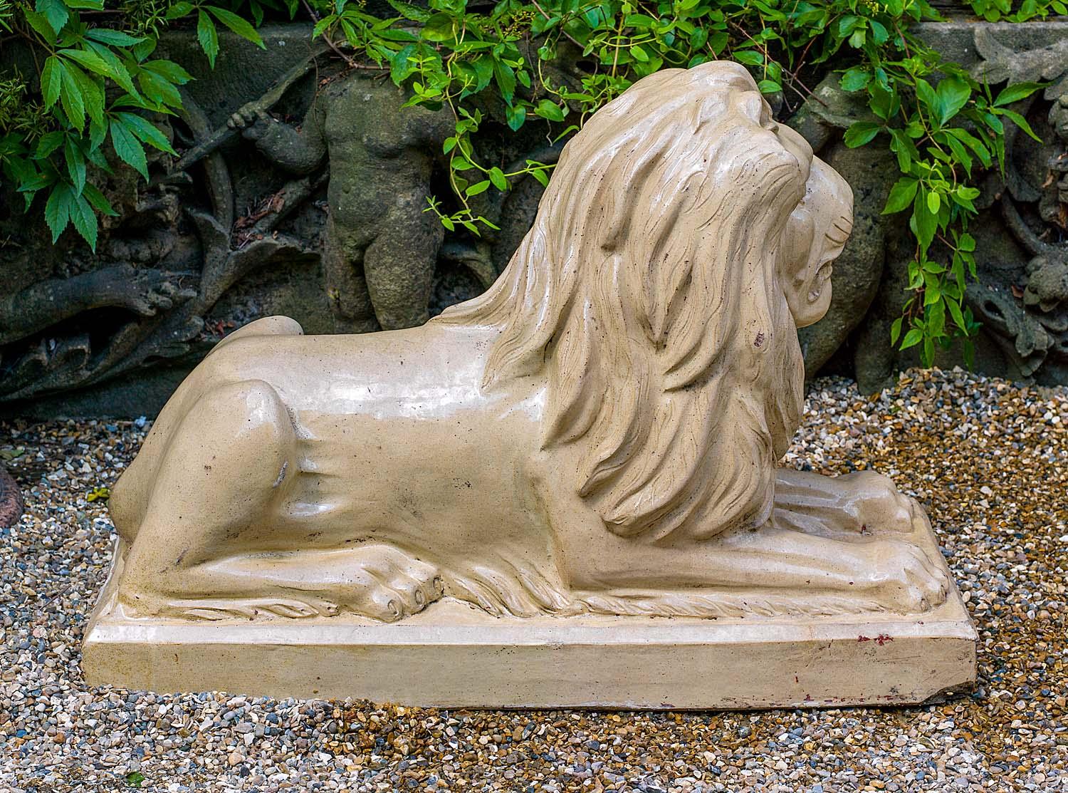 Pair of Bristol Glazed Garden Lions For Sale 2