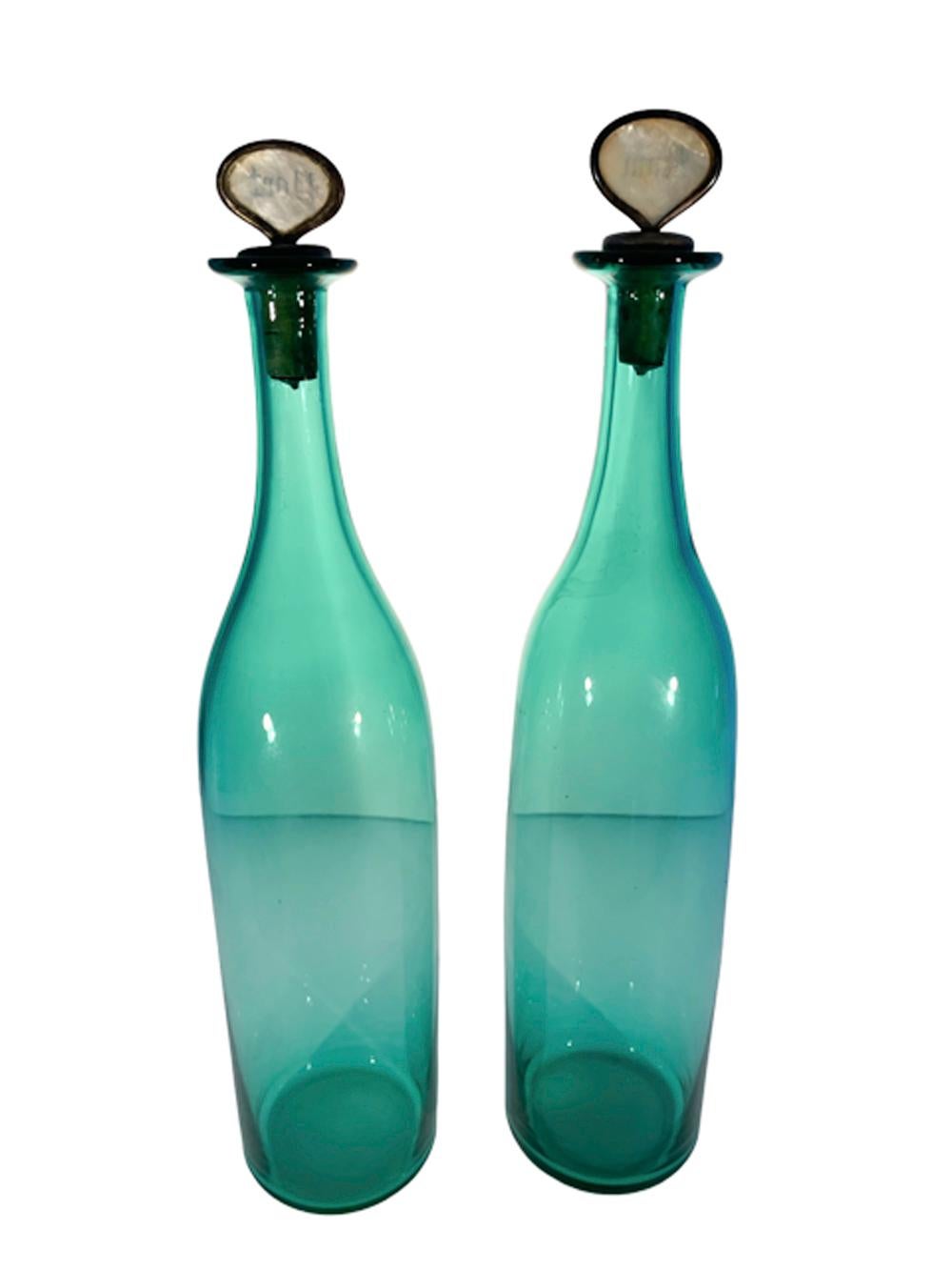 19th Century Pair of Bristol Green Decanters W/Metal Mounted Courk Stoppers W/M.O.P. Label For Sale