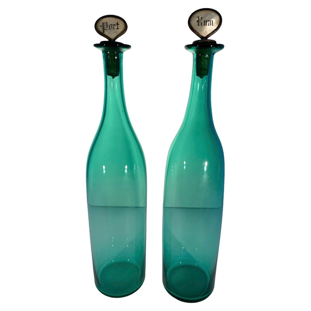 Pair of Bristol Green Decanters W/Metal Mounted Courk Stoppers W/M.O.P. Label
