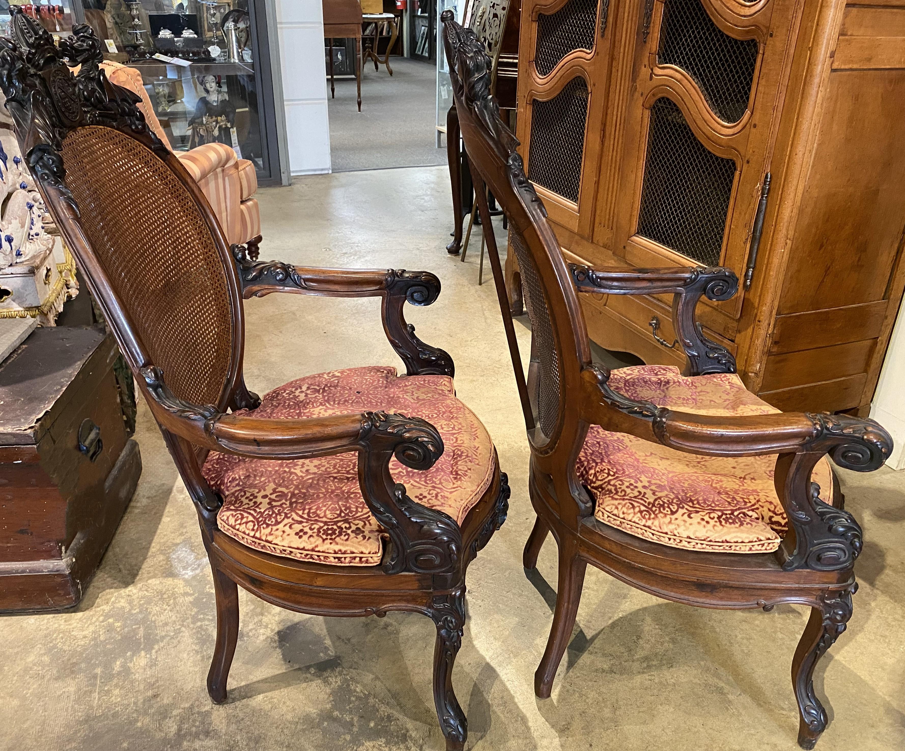 Pair of British 19th Century Carved Walnut Open Armchairs w/ Caned Backs & Seats For Sale 6