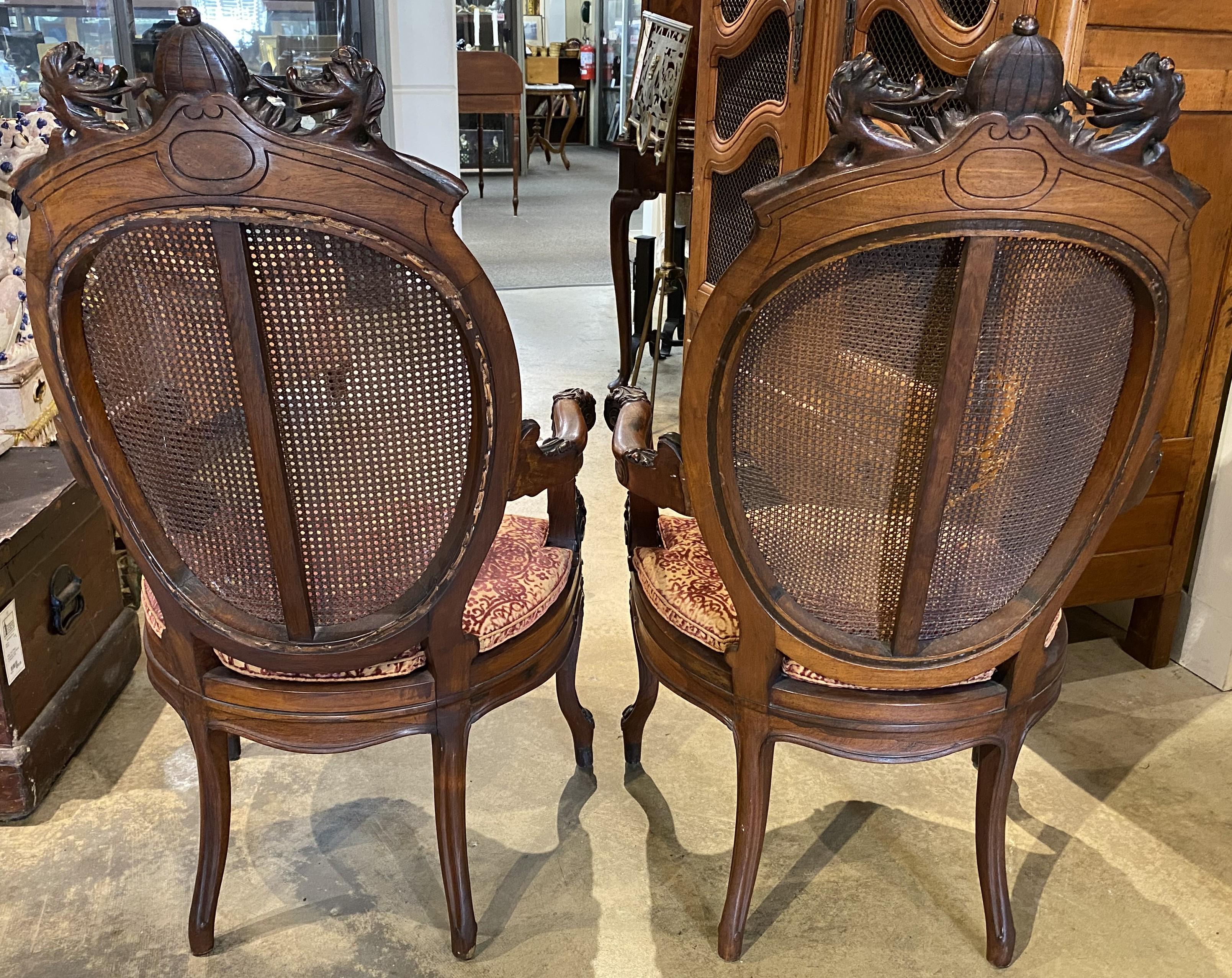 Pair of British 19th Century Carved Walnut Open Armchairs w/ Caned Backs & Seats For Sale 7