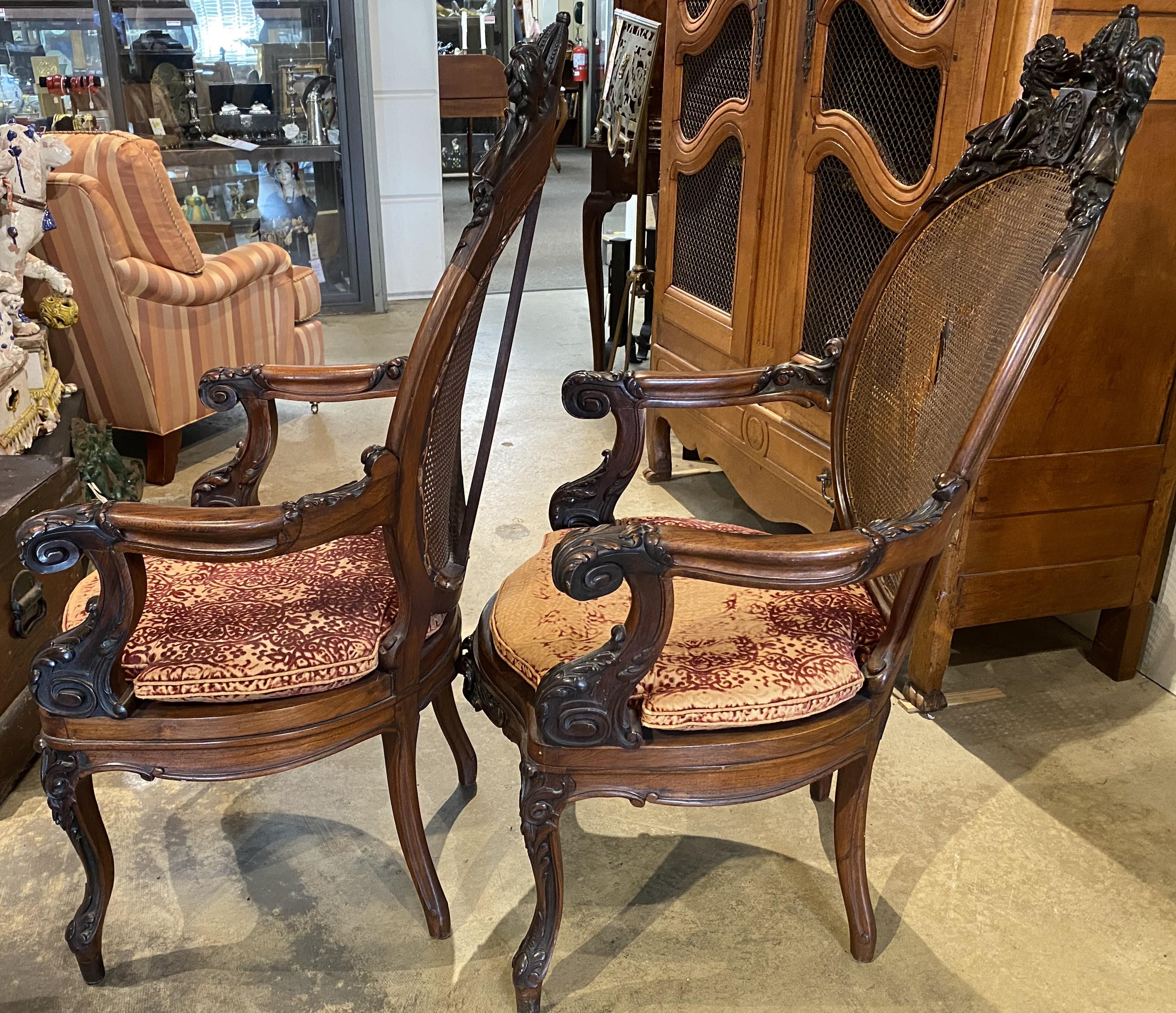 Pair of British 19th Century Carved Walnut Open Armchairs w/ Caned Backs & Seats For Sale 8