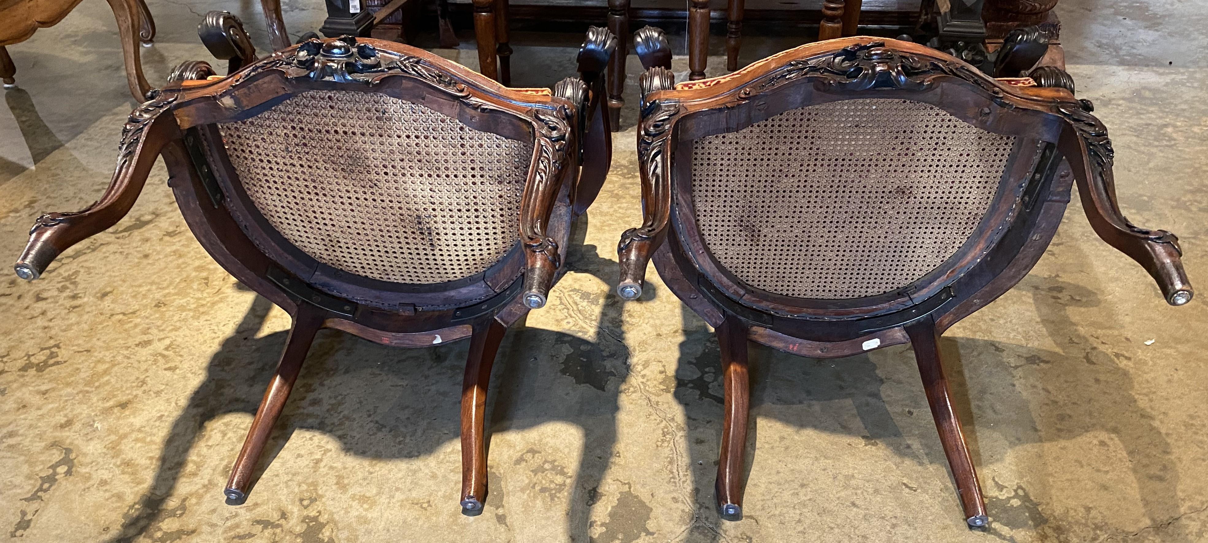 Pair of British 19th Century Carved Walnut Open Armchairs w/ Caned Backs & Seats For Sale 9