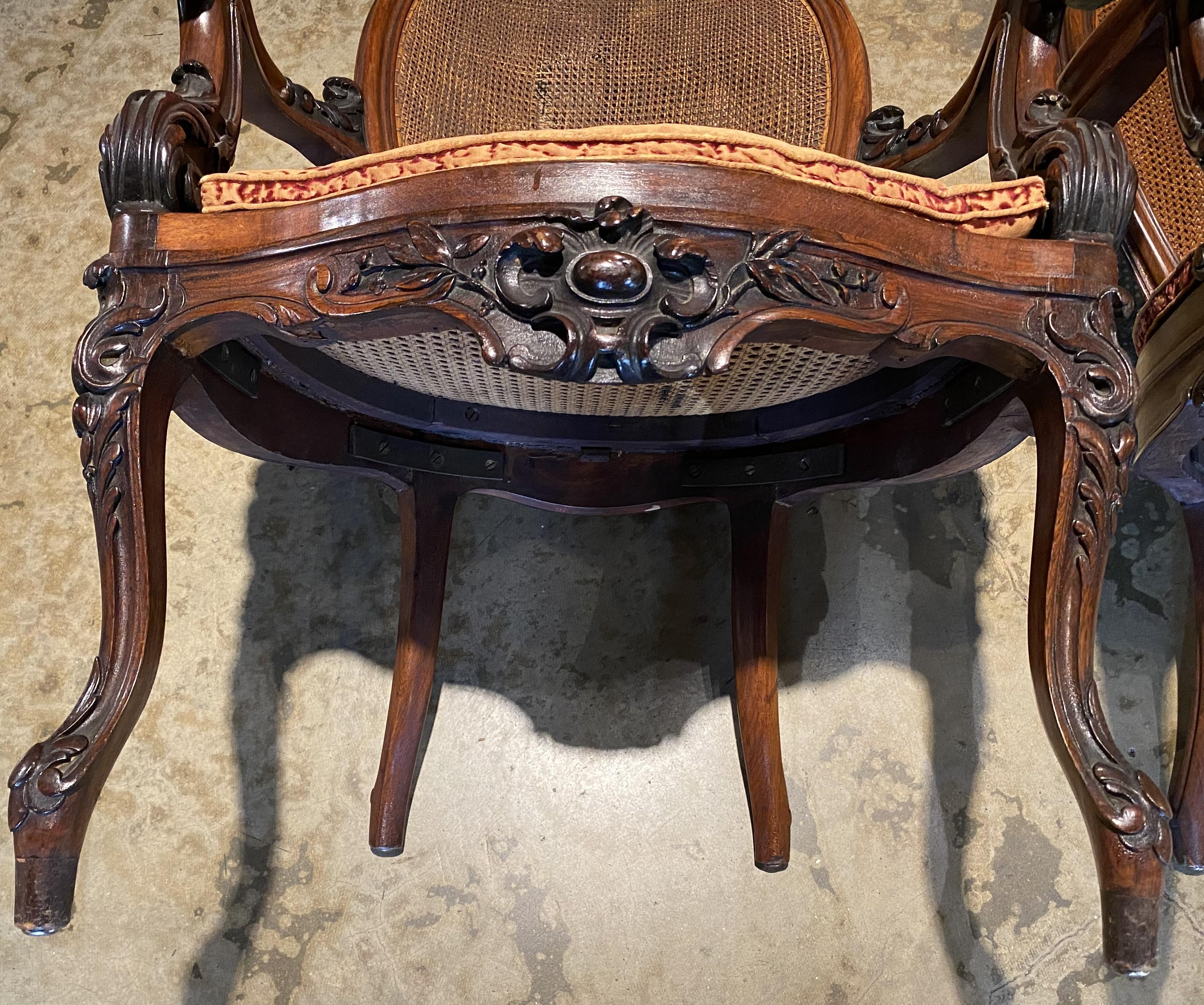 Pair of British 19th Century Carved Walnut Open Armchairs w/ Caned Backs & Seats For Sale 11