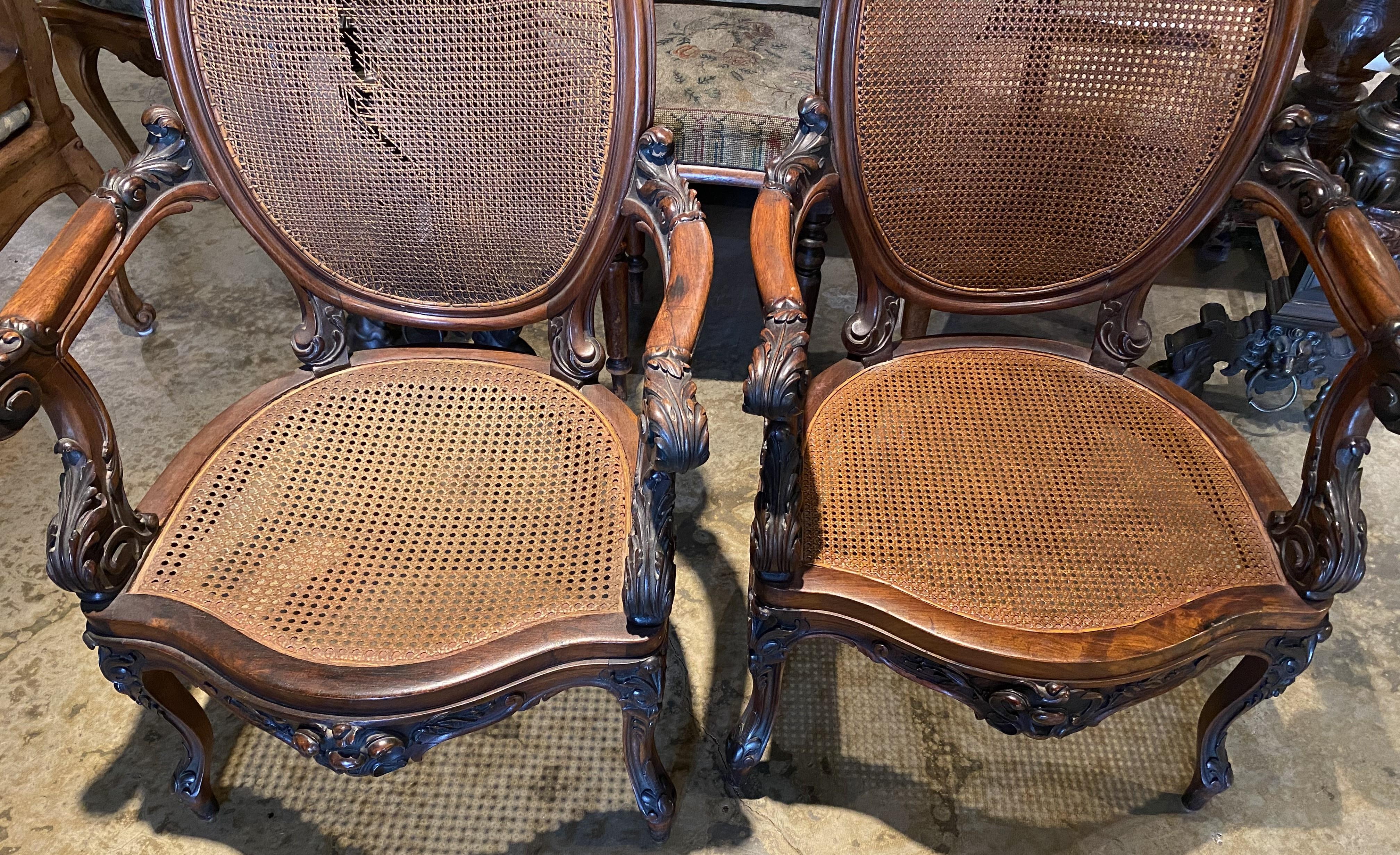 Pair of British 19th Century Carved Walnut Open Armchairs w/ Caned Backs & Seats For Sale 12