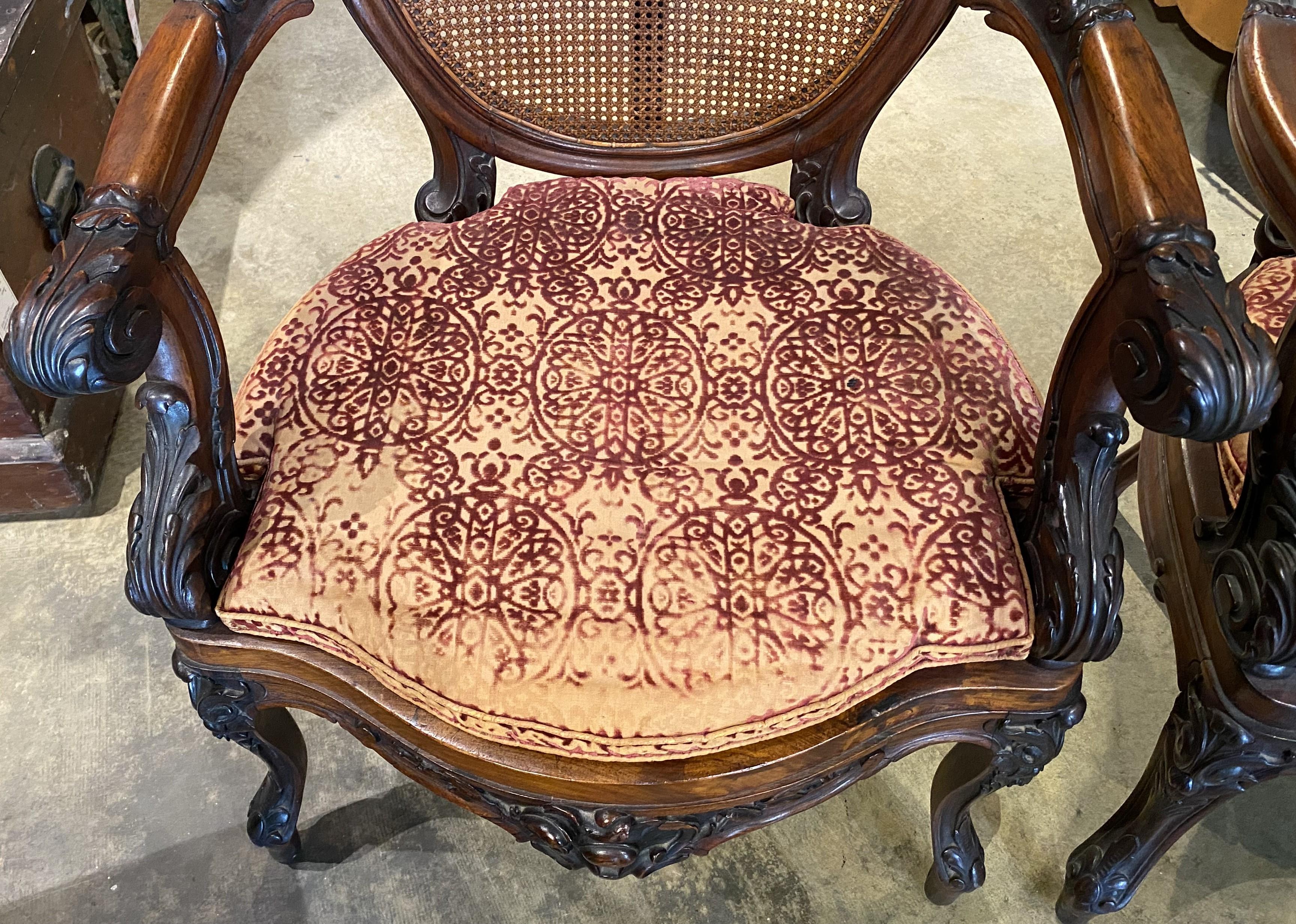 Pair of British 19th Century Carved Walnut Open Armchairs w/ Caned Backs & Seats In Good Condition For Sale In Milford, NH