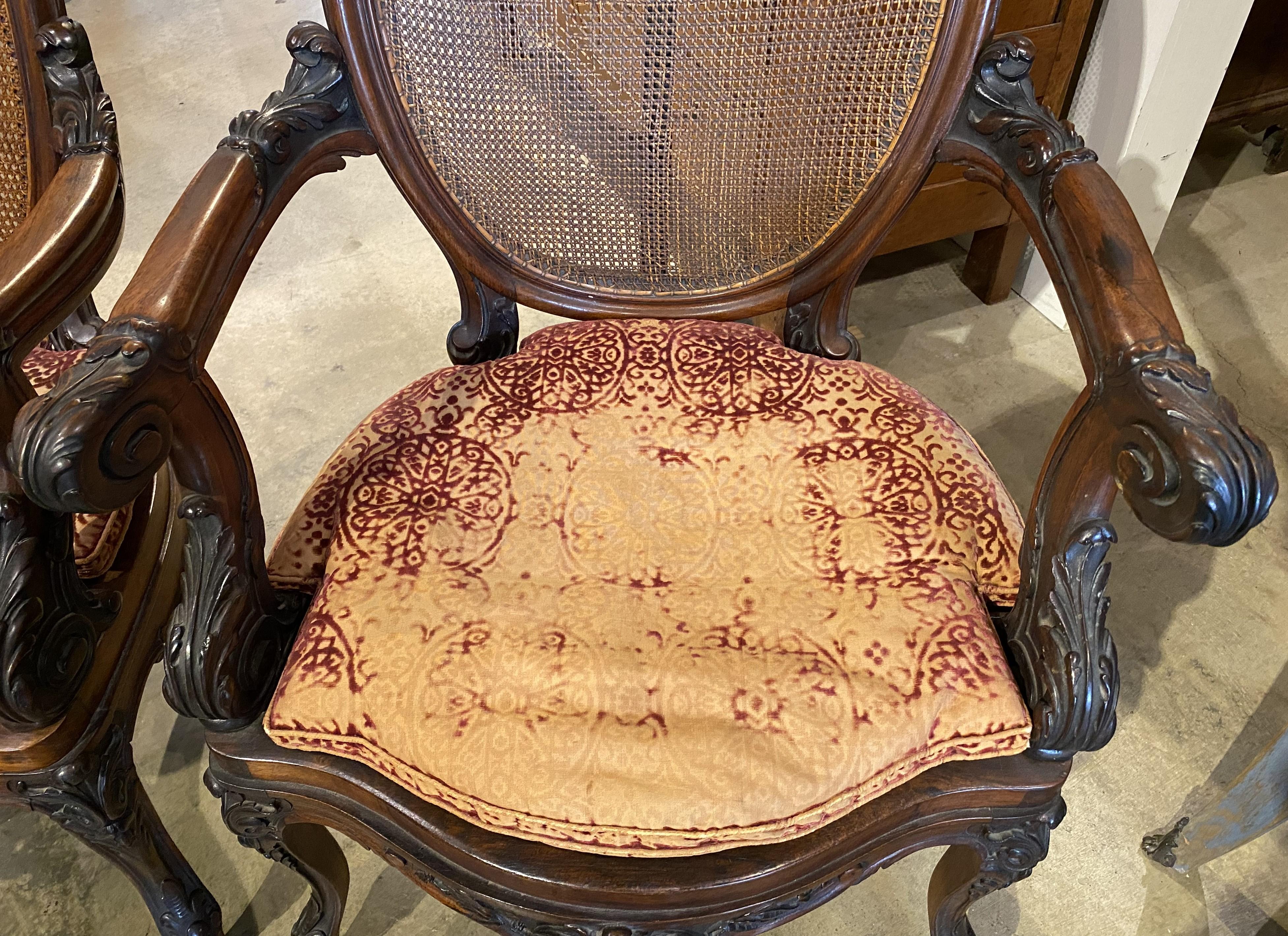 Pair of British 19th Century Carved Walnut Open Armchairs w/ Caned Backs & Seats For Sale 4