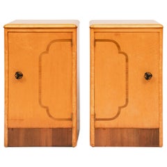 Pair of British Art Deco Maple Bedside Cabinets with Smart Walnut Banding c.1930