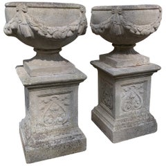 Pair of British Cast Stone Planters / Jardinieres on Plinths