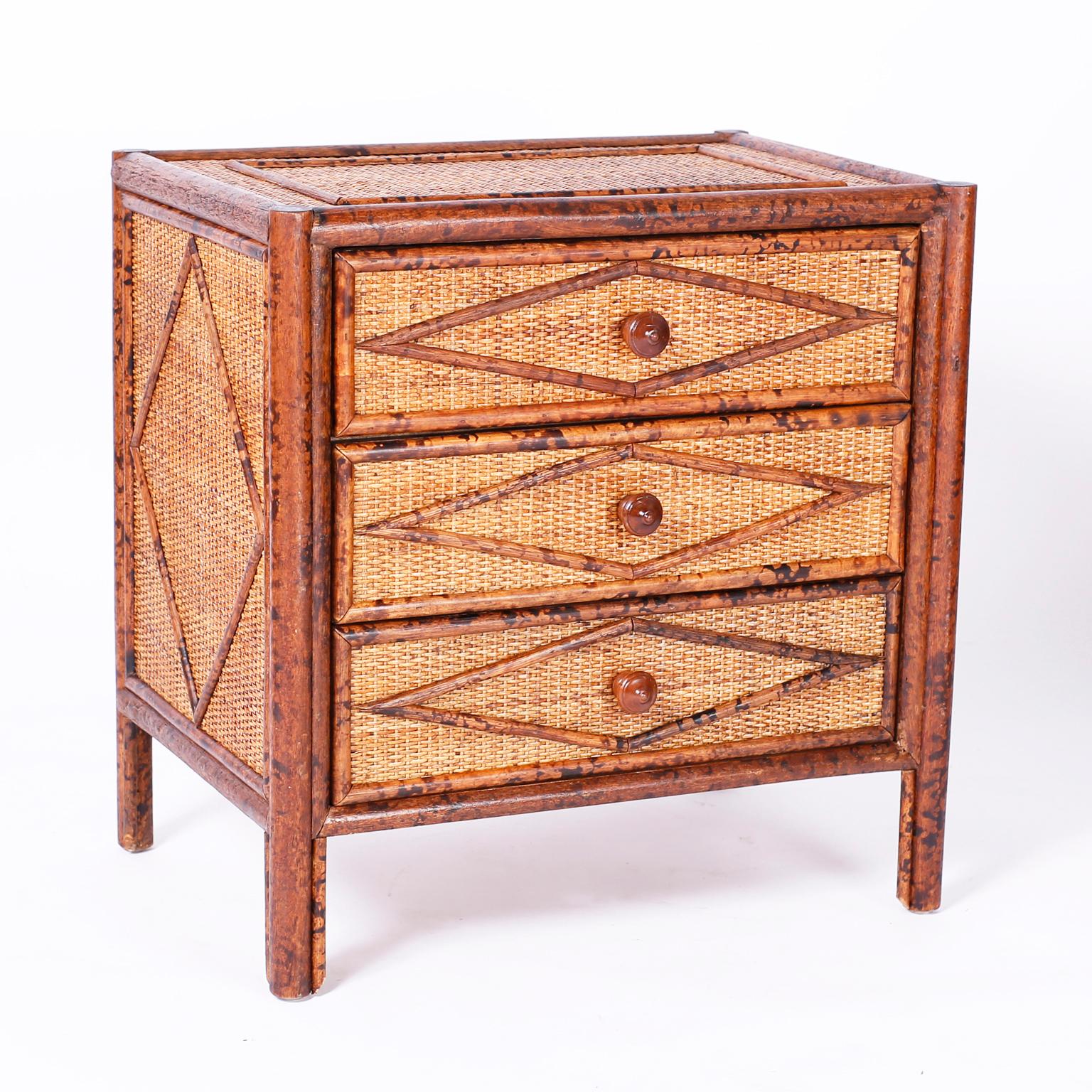 Philippine Pair of British Colonial Faux Burnt Bamboo and Grass Cloth Stands