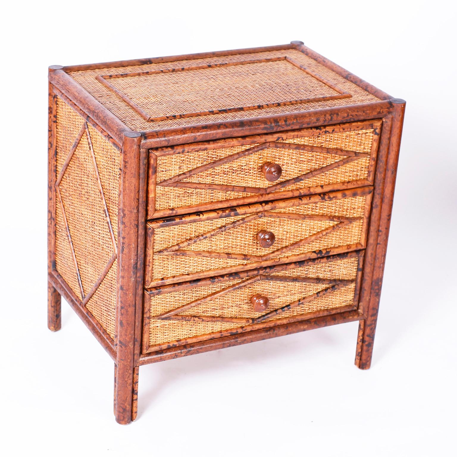 Pair of British Colonial Faux Burnt Bamboo and Grass Cloth Stands In Good Condition In Palm Beach, FL