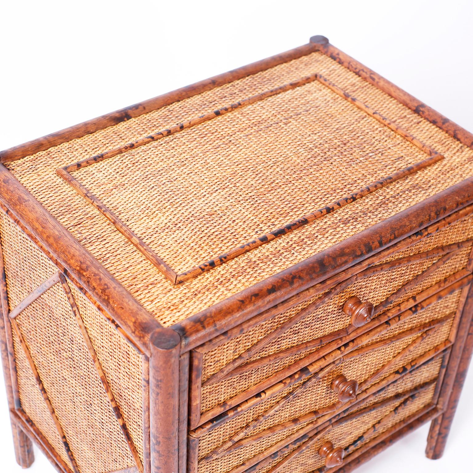20th Century Pair of British Colonial Faux Burnt Bamboo and Grass Cloth Stands