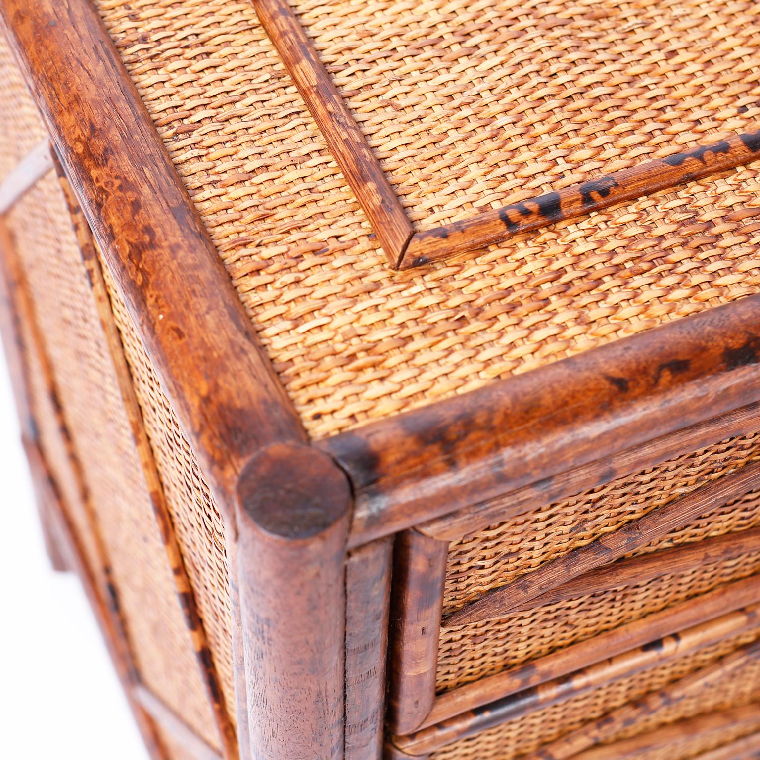 Grasscloth Pair of British Colonial Faux Burnt Bamboo and Grass Cloth Stands