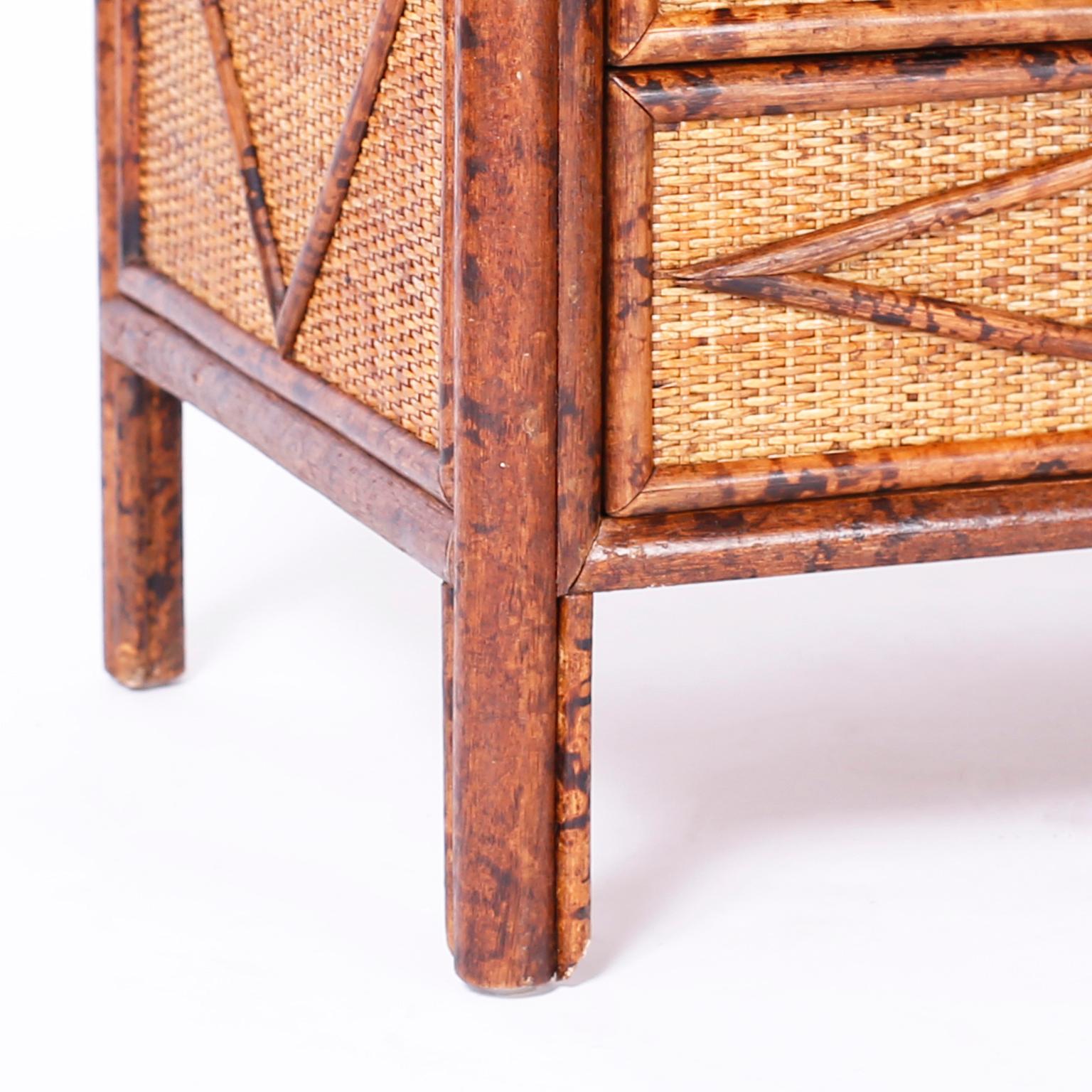 Pair of British Colonial Faux Burnt Bamboo and Grass Cloth Stands 3