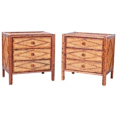 Pair of British Colonial Faux Burnt Bamboo and Grass Cloth Stands