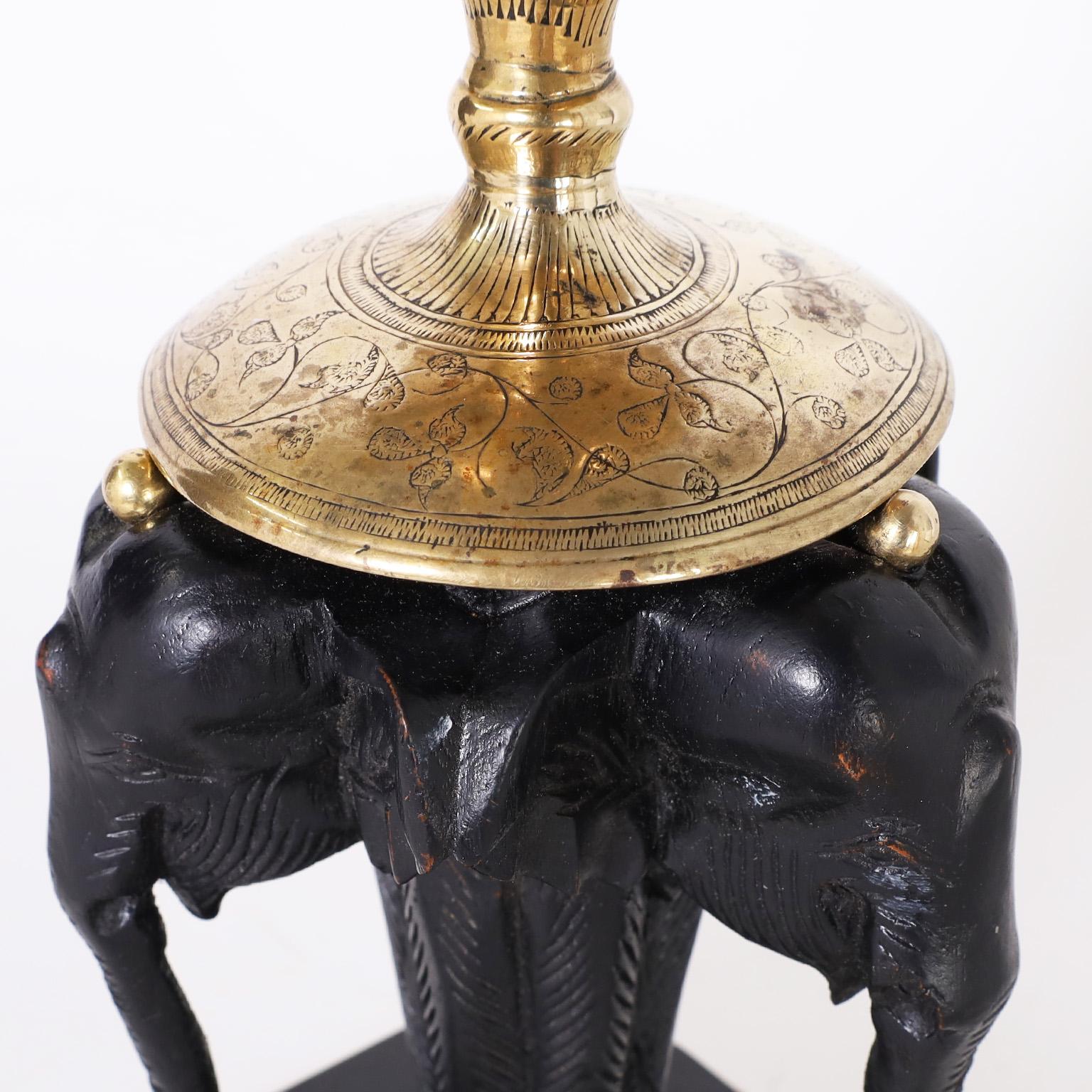 20th Century Pair of British Colonial Style Anglo Indian Brass and Ebony Elephant Vases