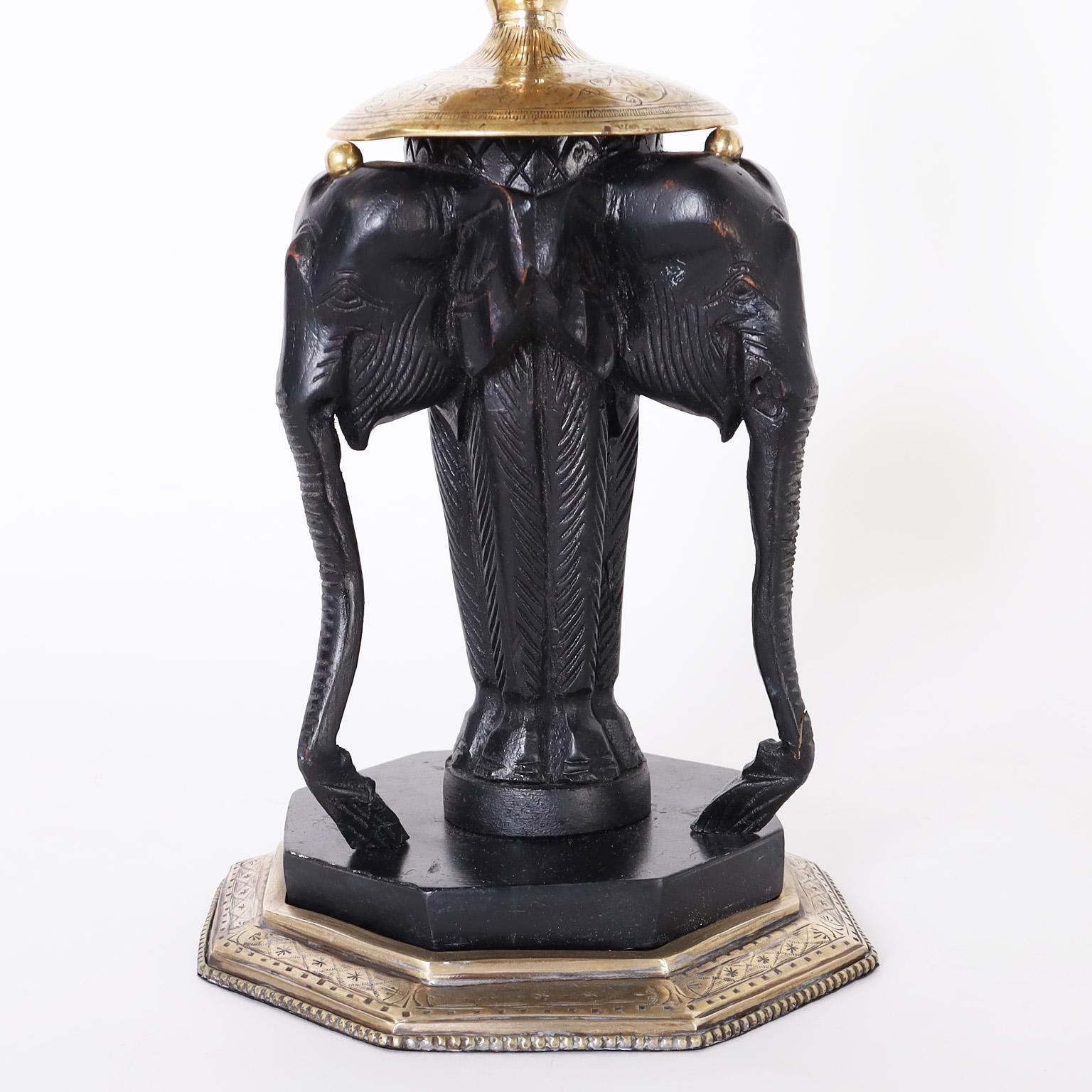 Pair of British Colonial Style Anglo Indian Brass and Ebony Elephant Vases 1