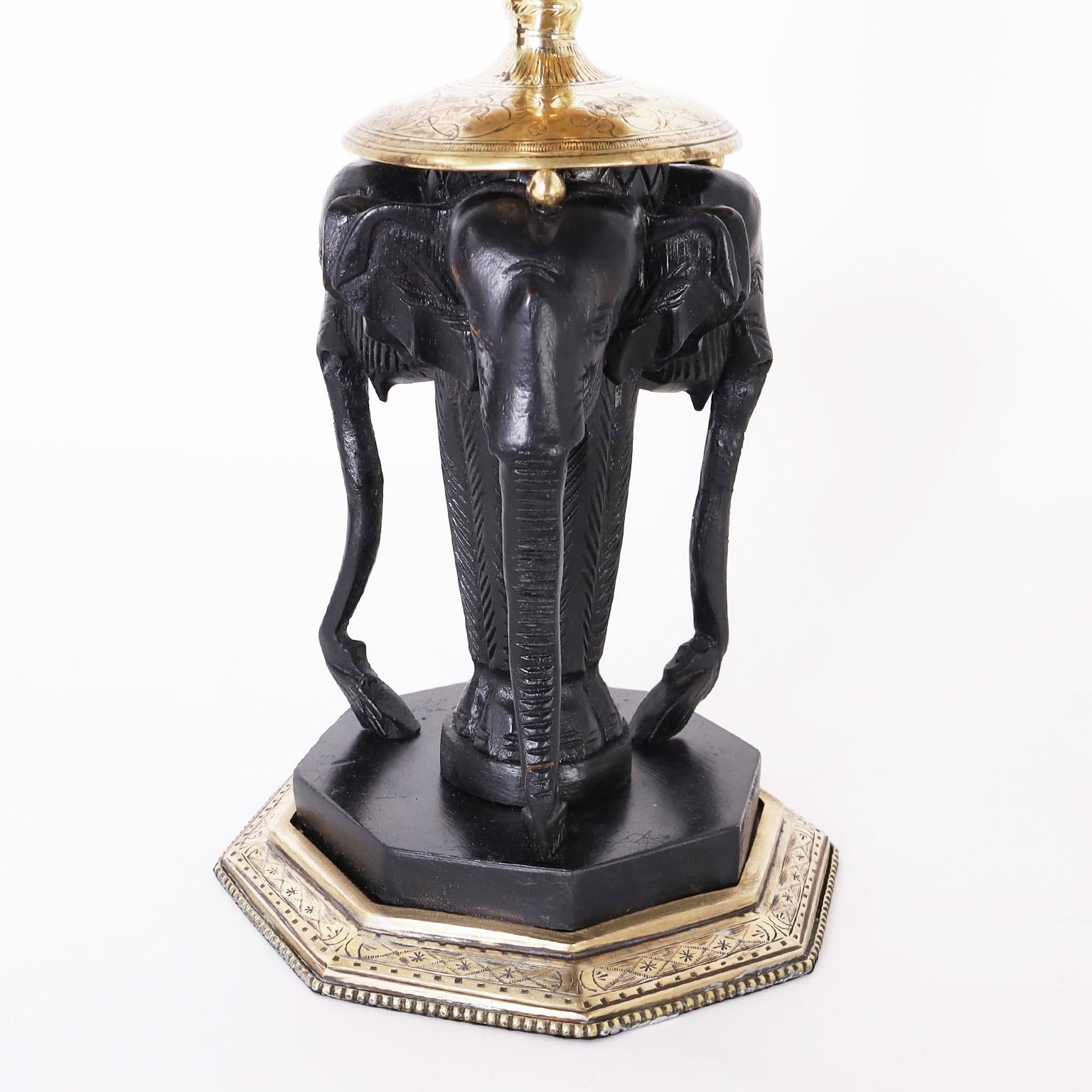 Pair of British Colonial Style Anglo Indian Brass and Ebony Elephant Vases 2