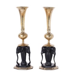 Pair of British Colonial Style Anglo Indian Brass and Ebony Elephant Vases