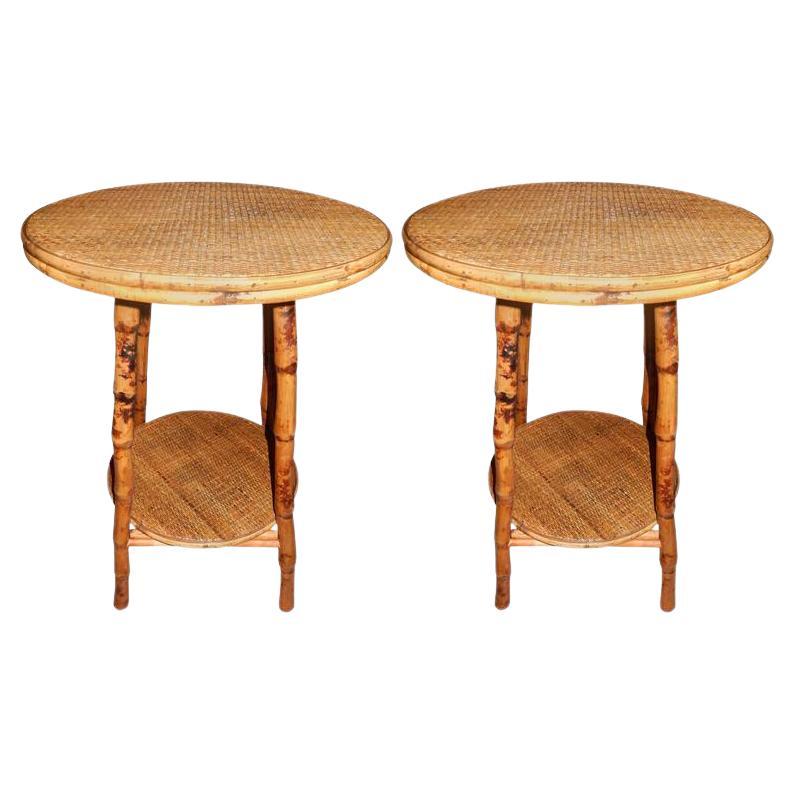 Pair of British Colonial Style Bamboo & Cane Side Tables For Sale