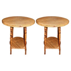 Pair of British Colonial Style Bamboo & Cane Side Tables