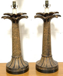 Pair of British Colonial Style Bronze Palm Tree Lamps with Carved Tribal Motifs