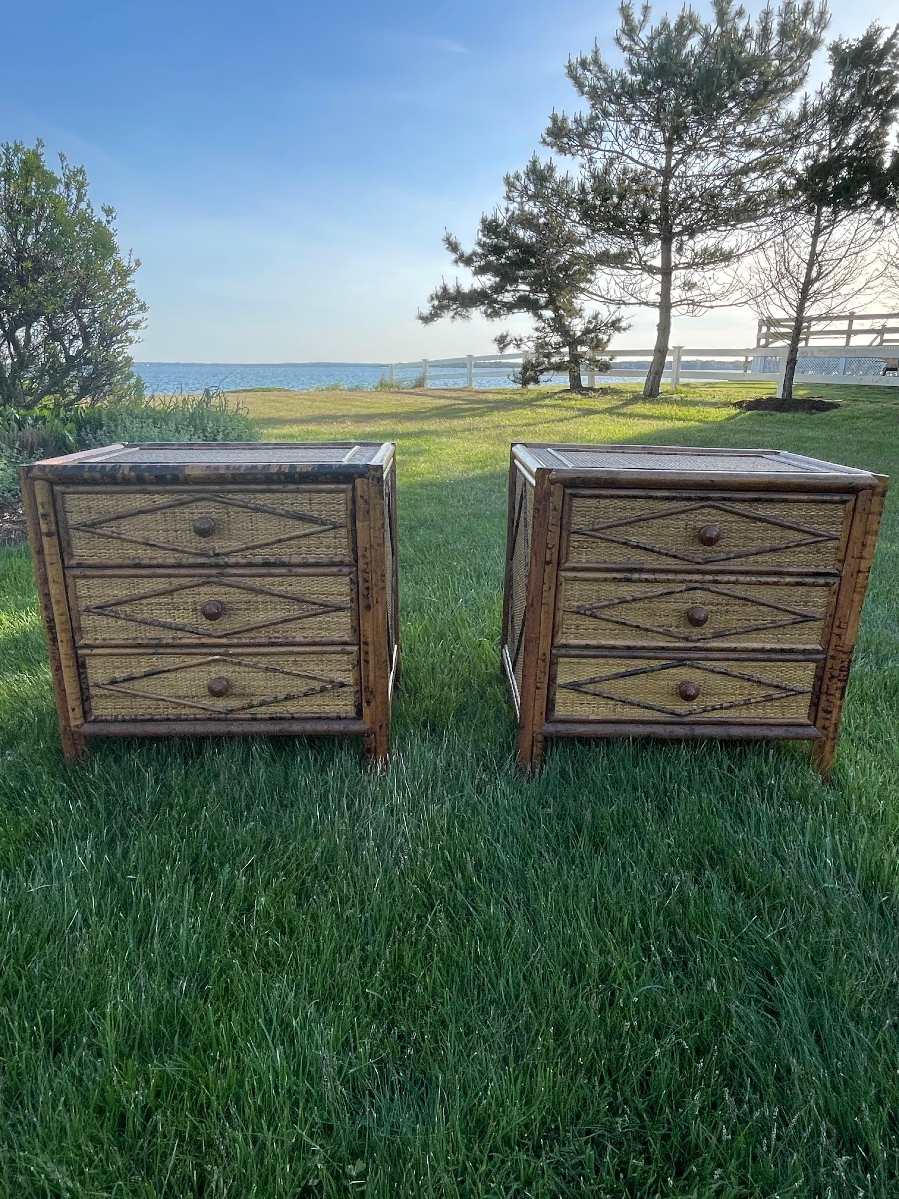 Pair of British Colonial Style Burnt Bamboo Night Stands 5
