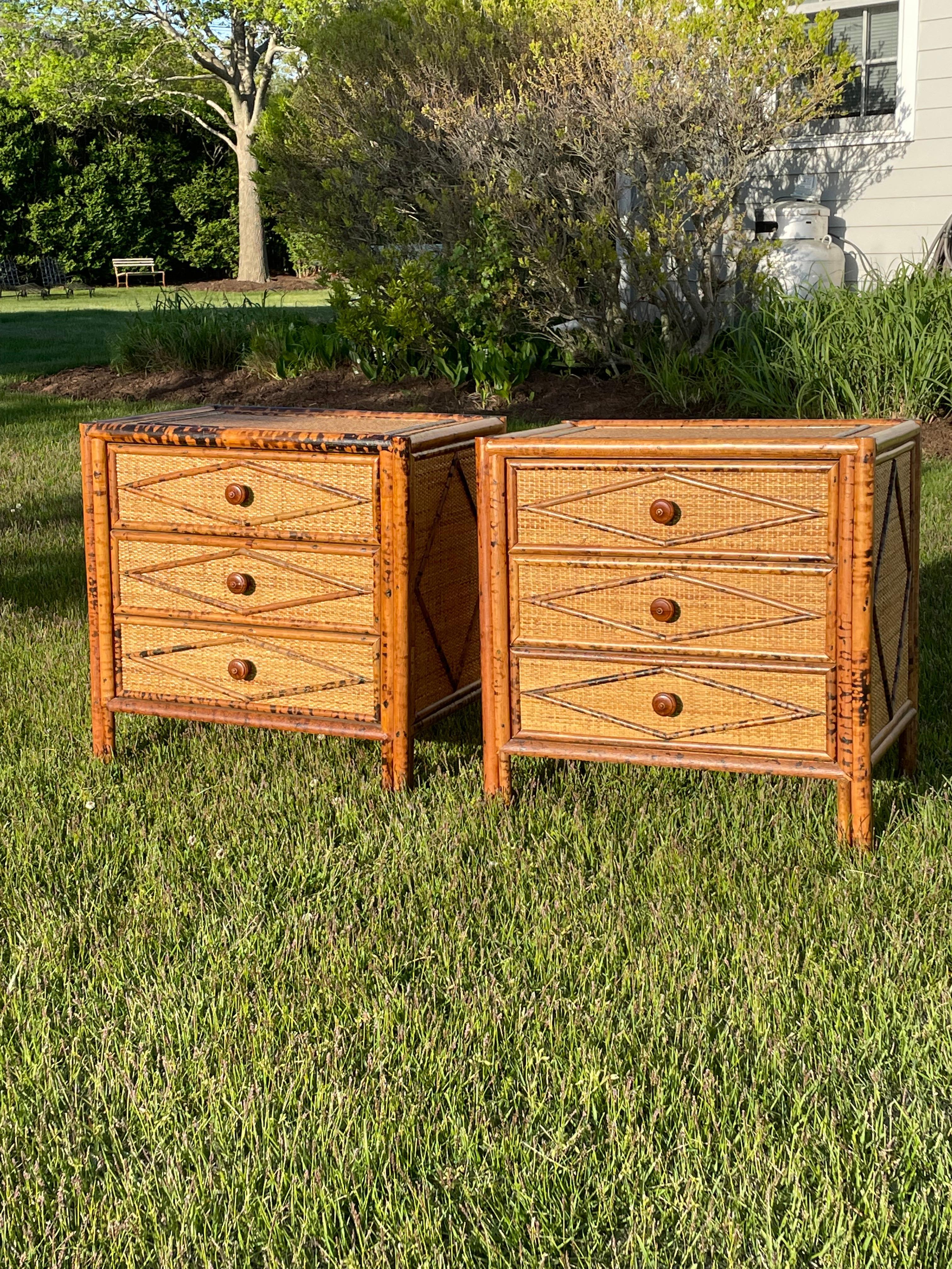American Pair of British Colonial Style Burnt Bamboo Night Stands