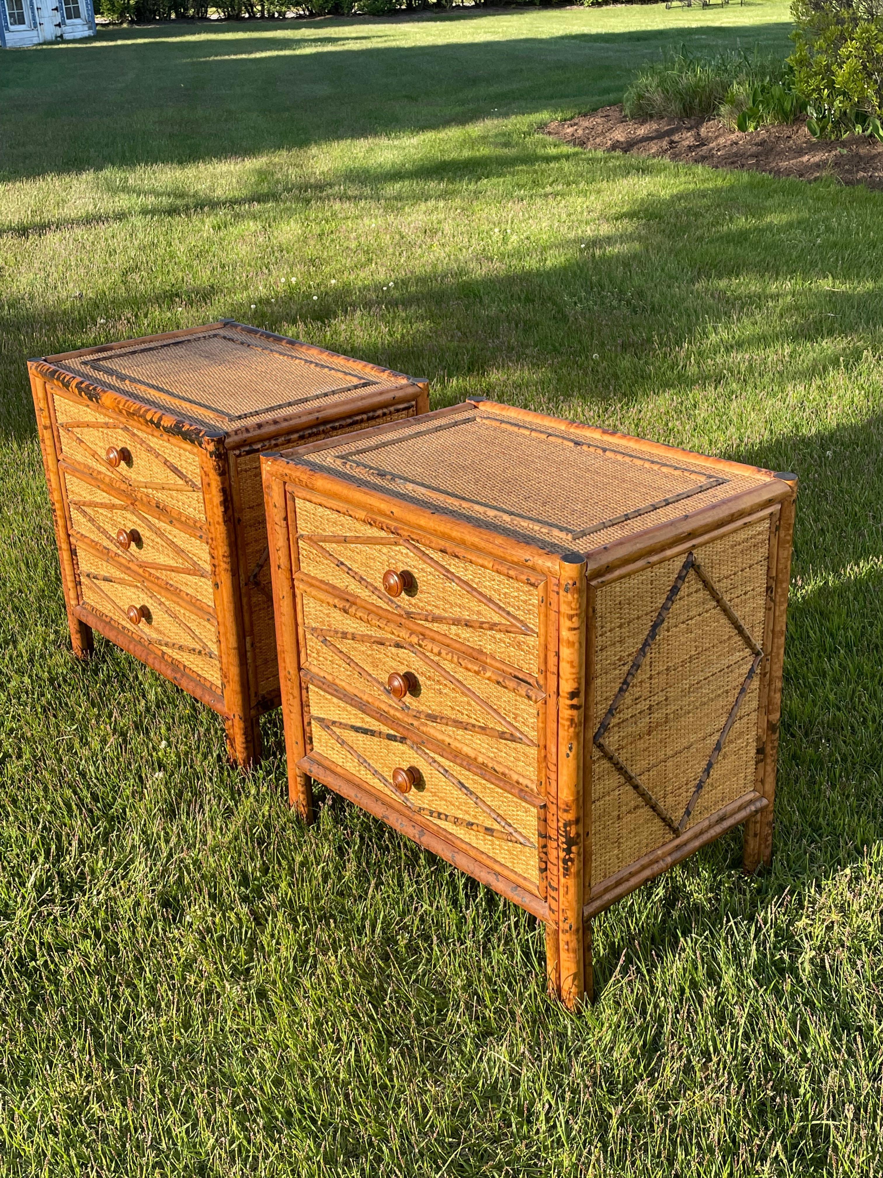 20th Century Pair of British Colonial Style Burnt Bamboo Night Stands