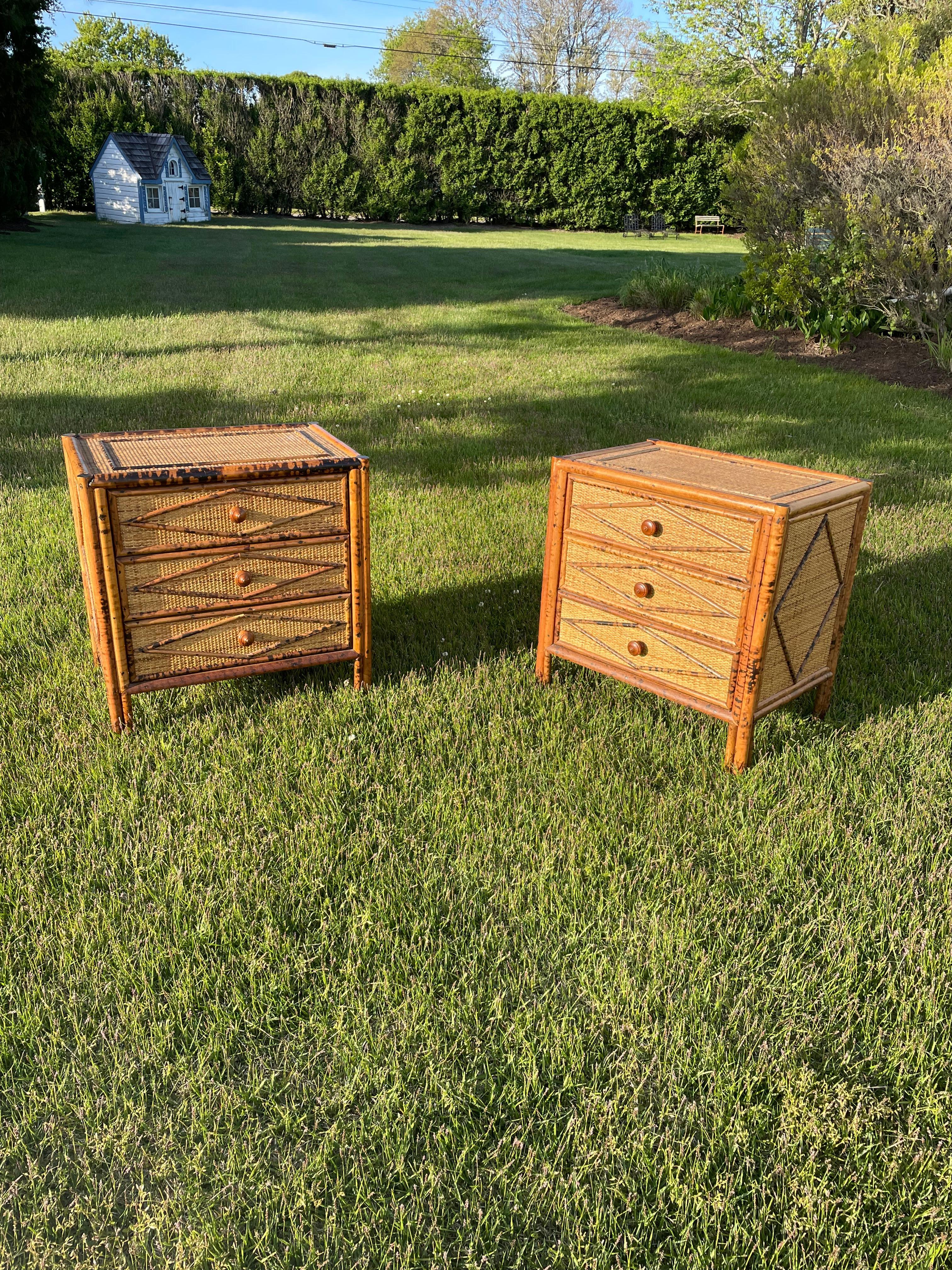 Pair of British Colonial Style Burnt Bamboo Night Stands 1