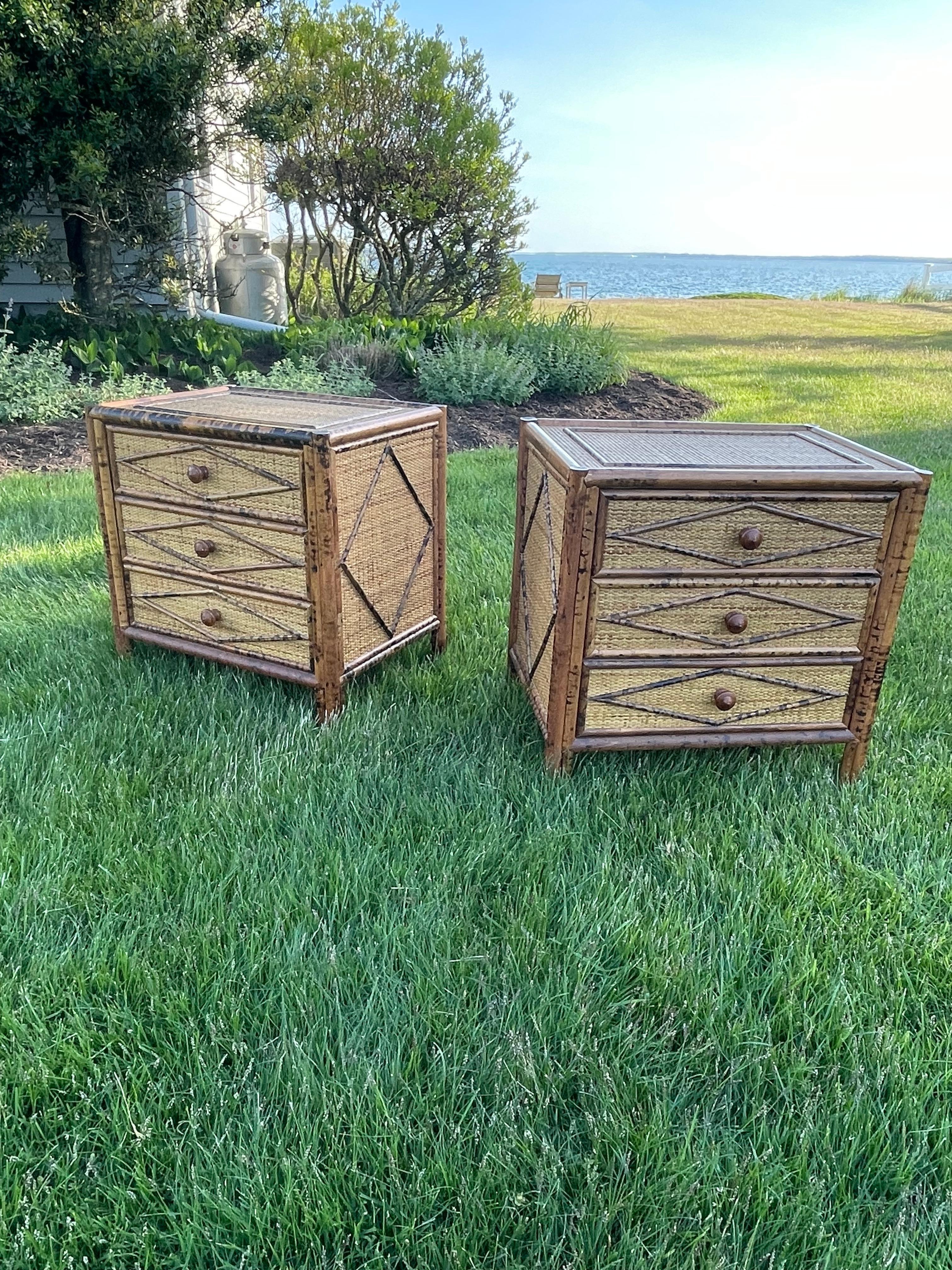 Pair of British Colonial Style Burnt Bamboo Night Stands 4