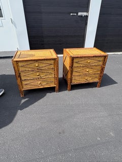 Pair of British Colonial Style Burnt Bamboo Side/ Night Tables w/ Drawers