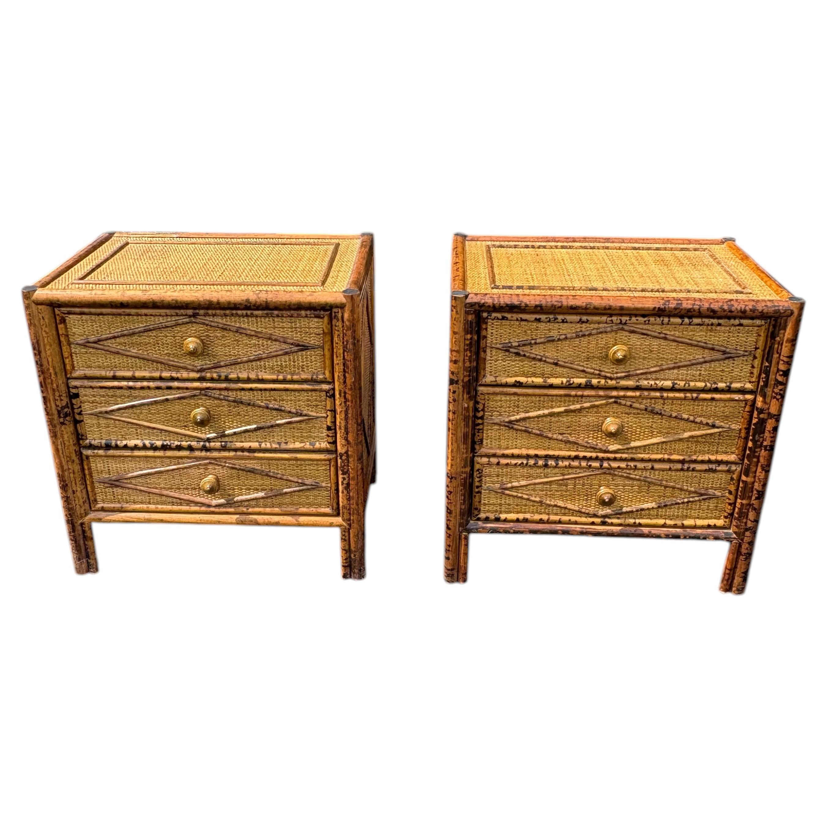 Pair of British Colonial Style Burnt Bamboo Side/ Night Tables w/ Drawers