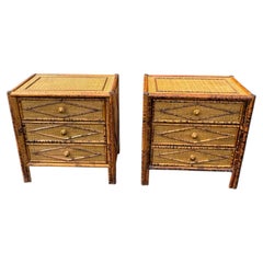 Pair of British Colonial Style Burnt Bamboo Side/ Night Tables w/ Drawers