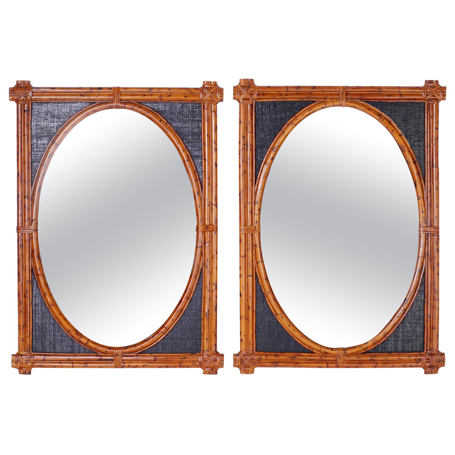 Pair of British Colonial Style Burnt Bamboo Wall Mirrors