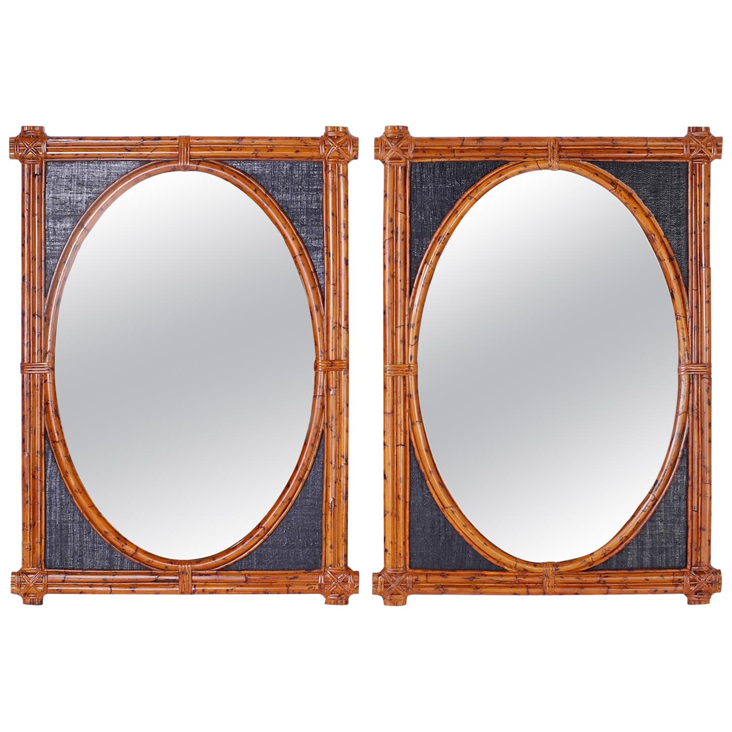 Pair of British Colonial Style Burnt Bamboo Wall Mirrors
