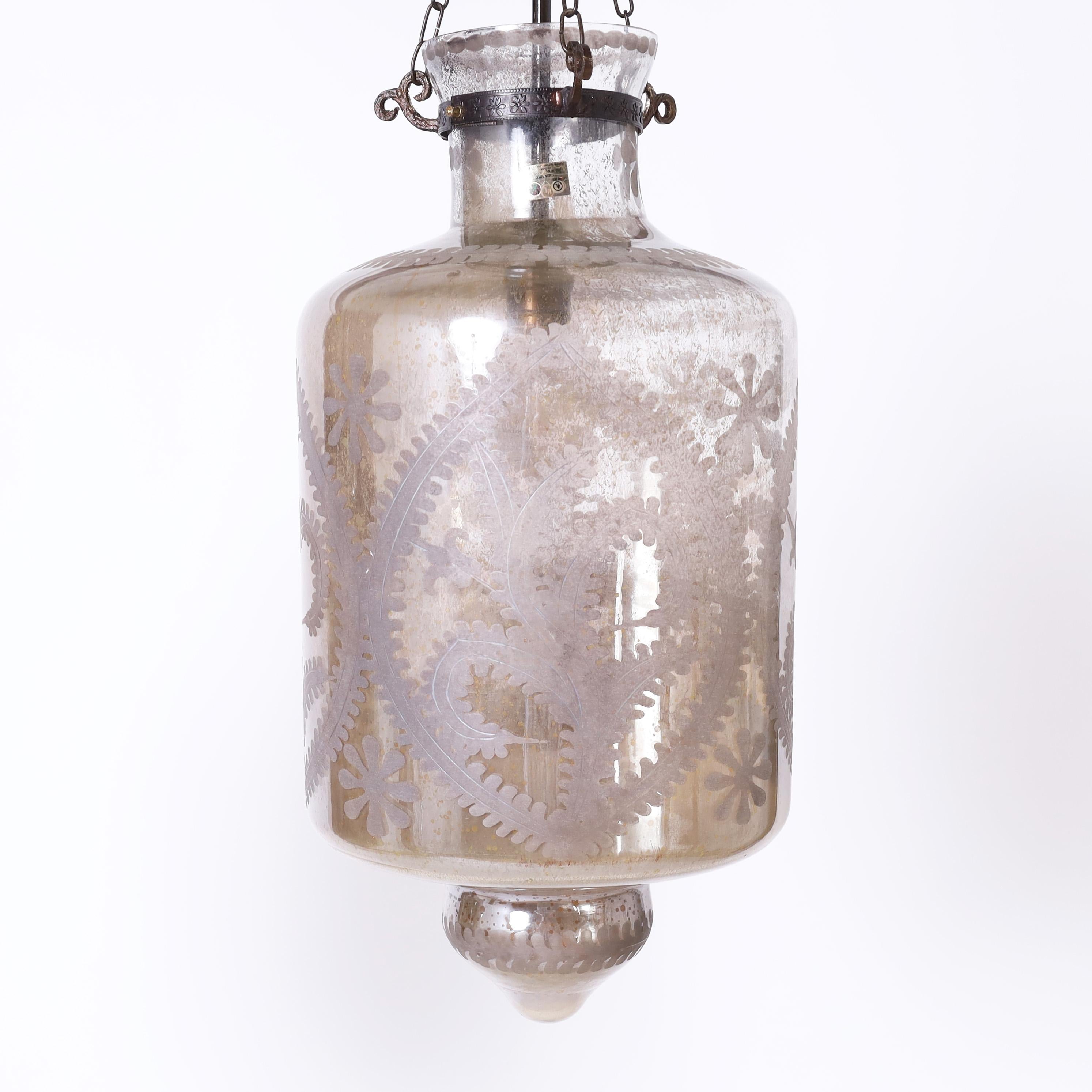 Indonesian Pair of British Colonial Style Etched Mercury Glass Lanterns or Light Fixtures For Sale