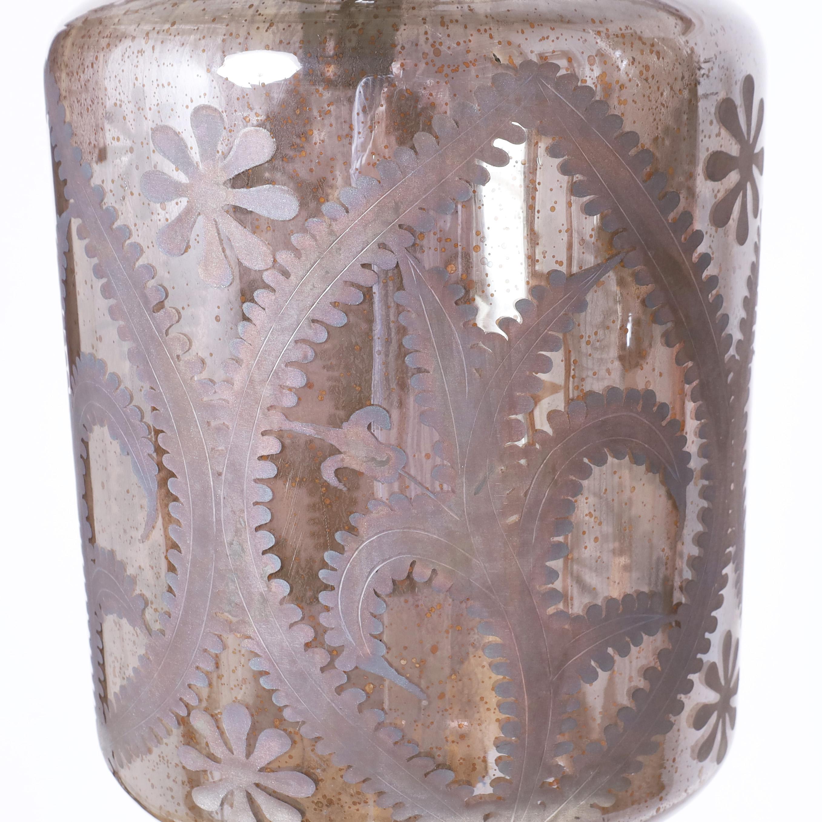 Pair of British Colonial Style Etched Mercury Glass Lanterns or Light Fixtures For Sale 1