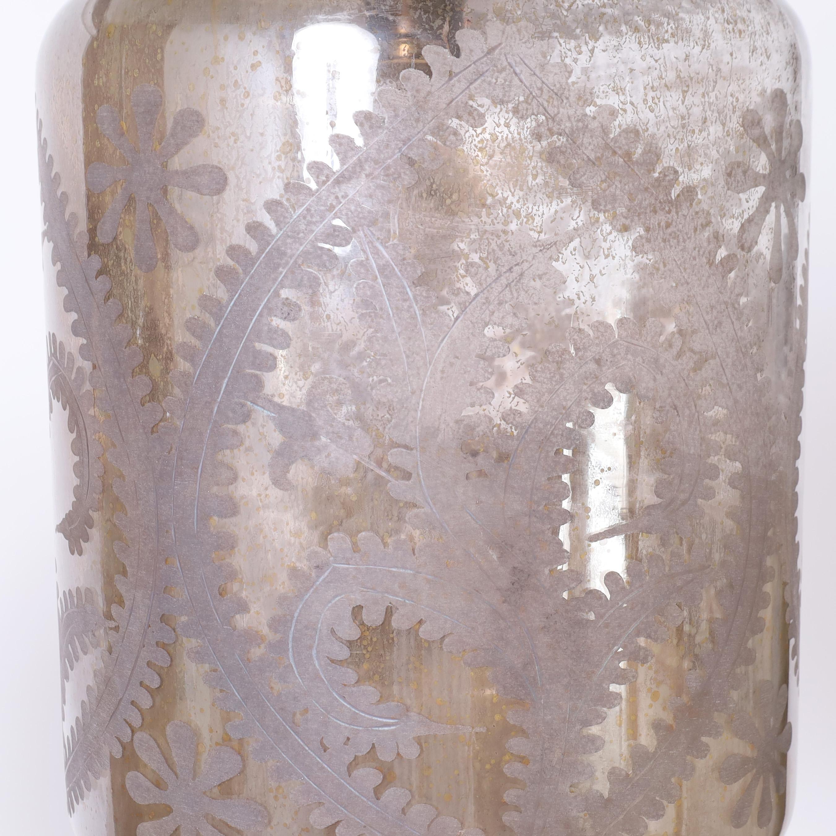 Pair of British Colonial Style Etched Mercury Glass Lanterns or Light Fixtures For Sale 2