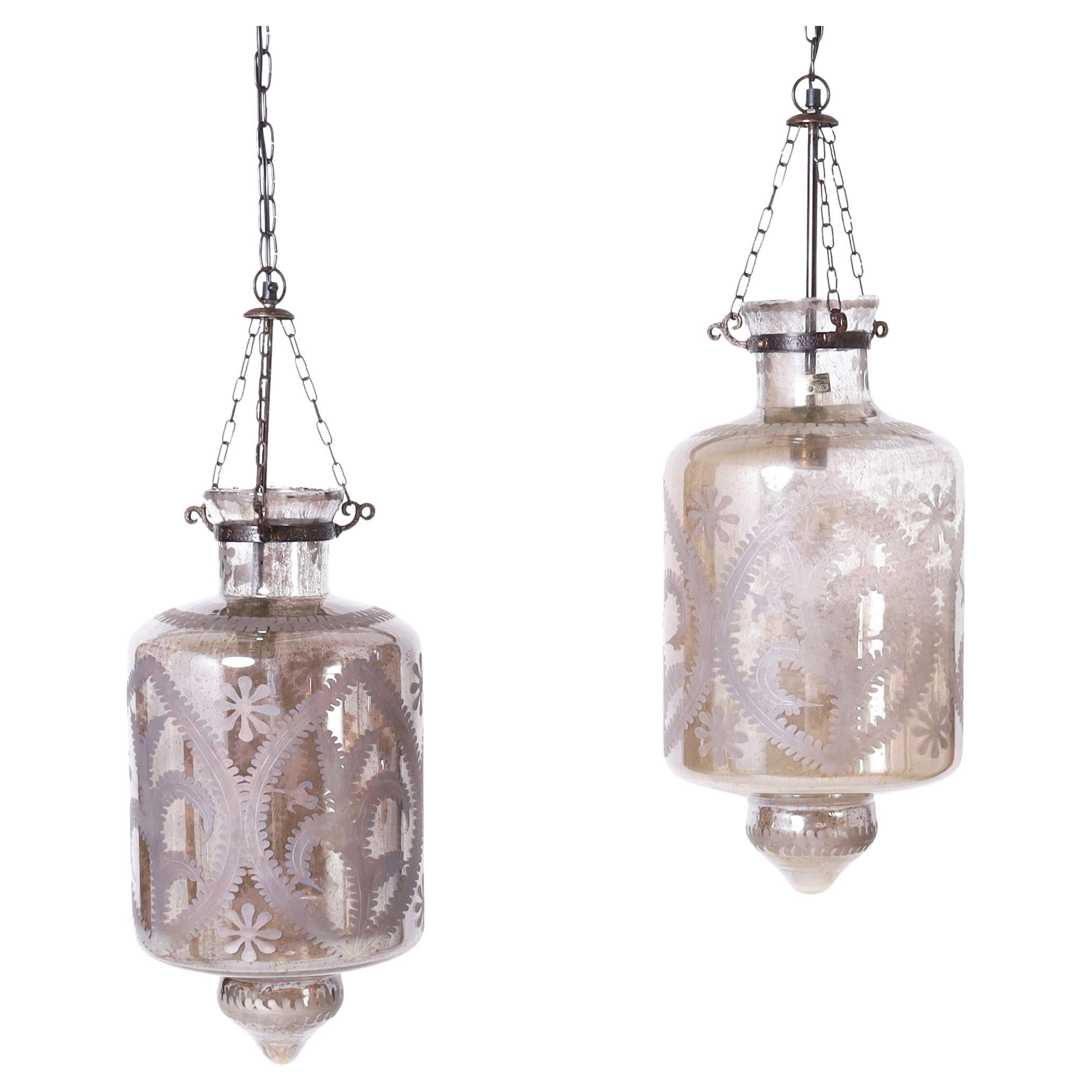 Pair of British Colonial Style Etched Mercury Glass Lanterns or Light Fixtures